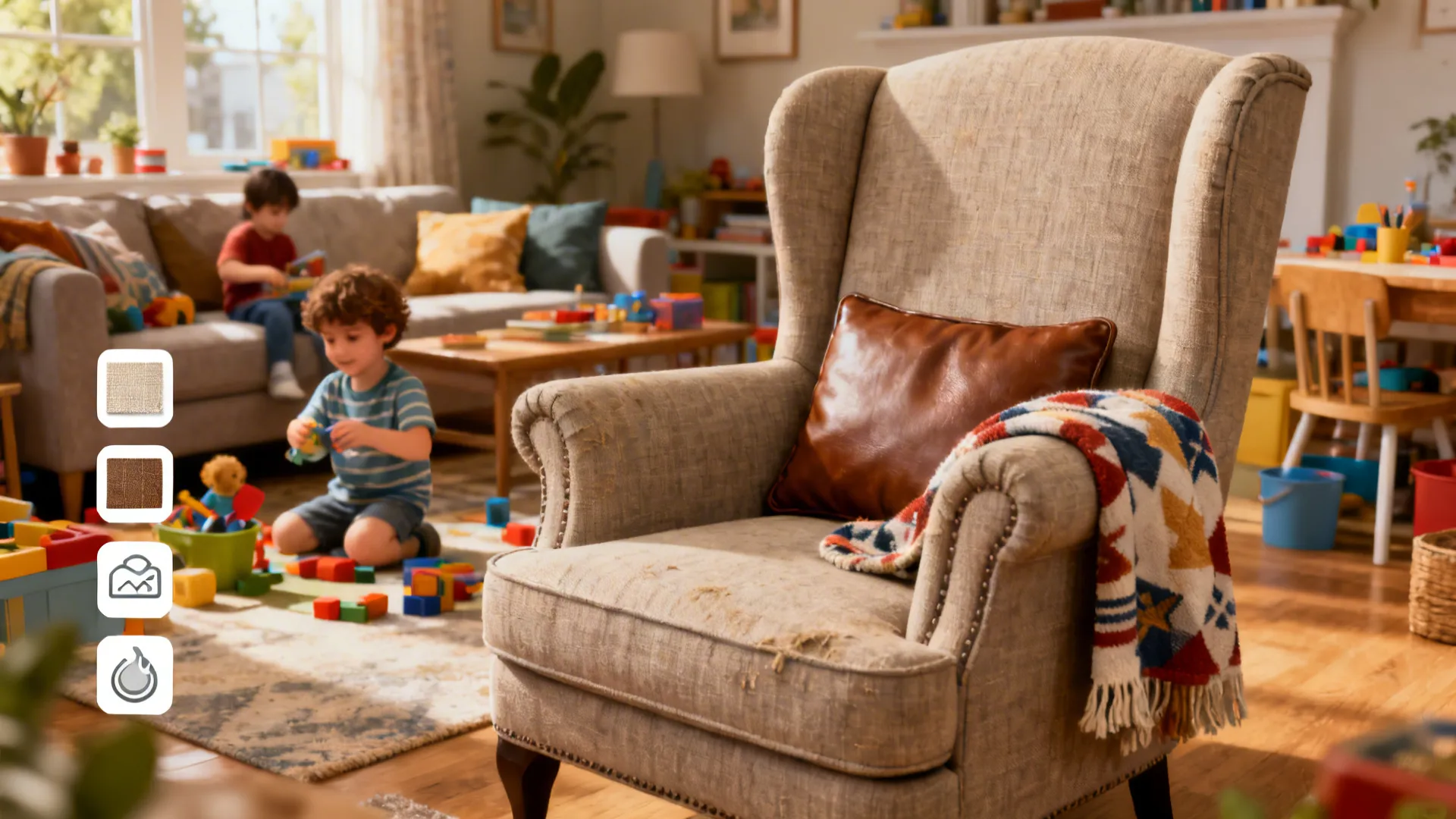 Family living room showing a durable high-back chair in stain-resistant upholstery with close-up texture detail.