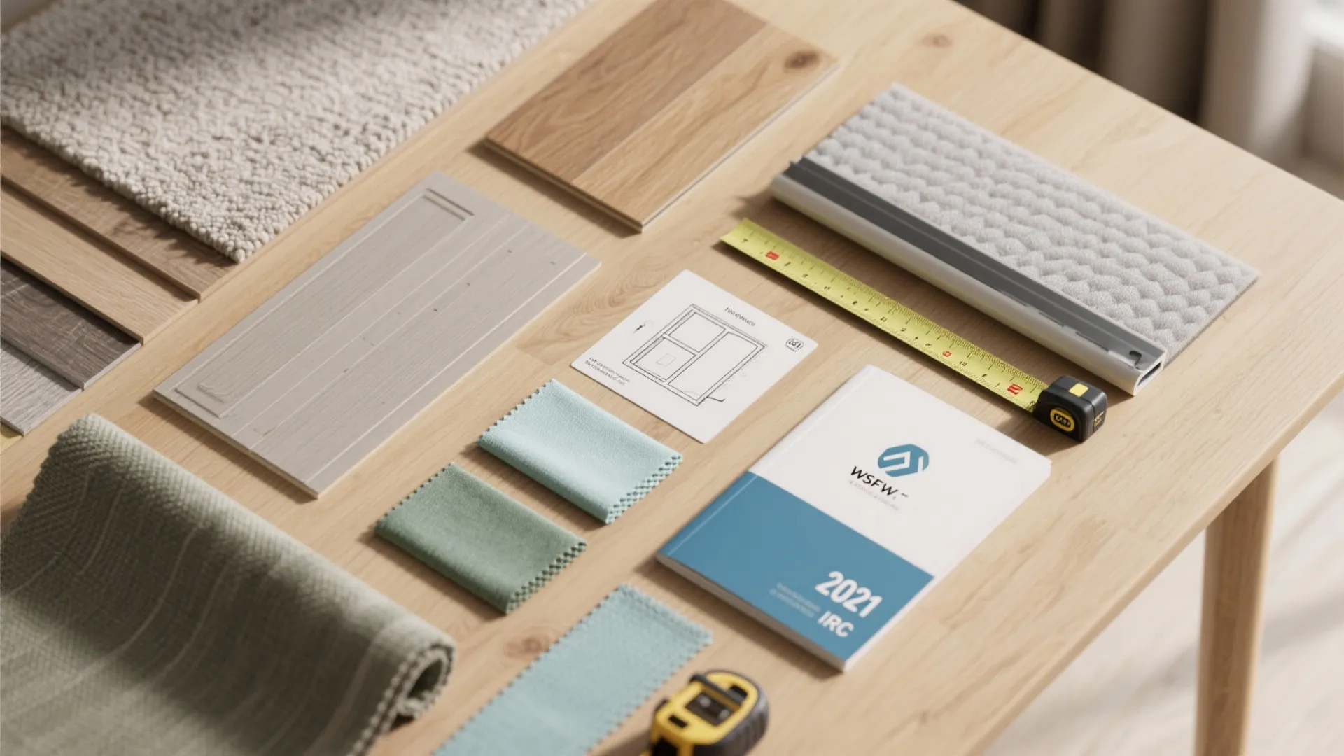 Flat lay of upstairs design samples and tools, including flooring swatches, acoustic underlayment, seals, and a 2021 IRC booklet.