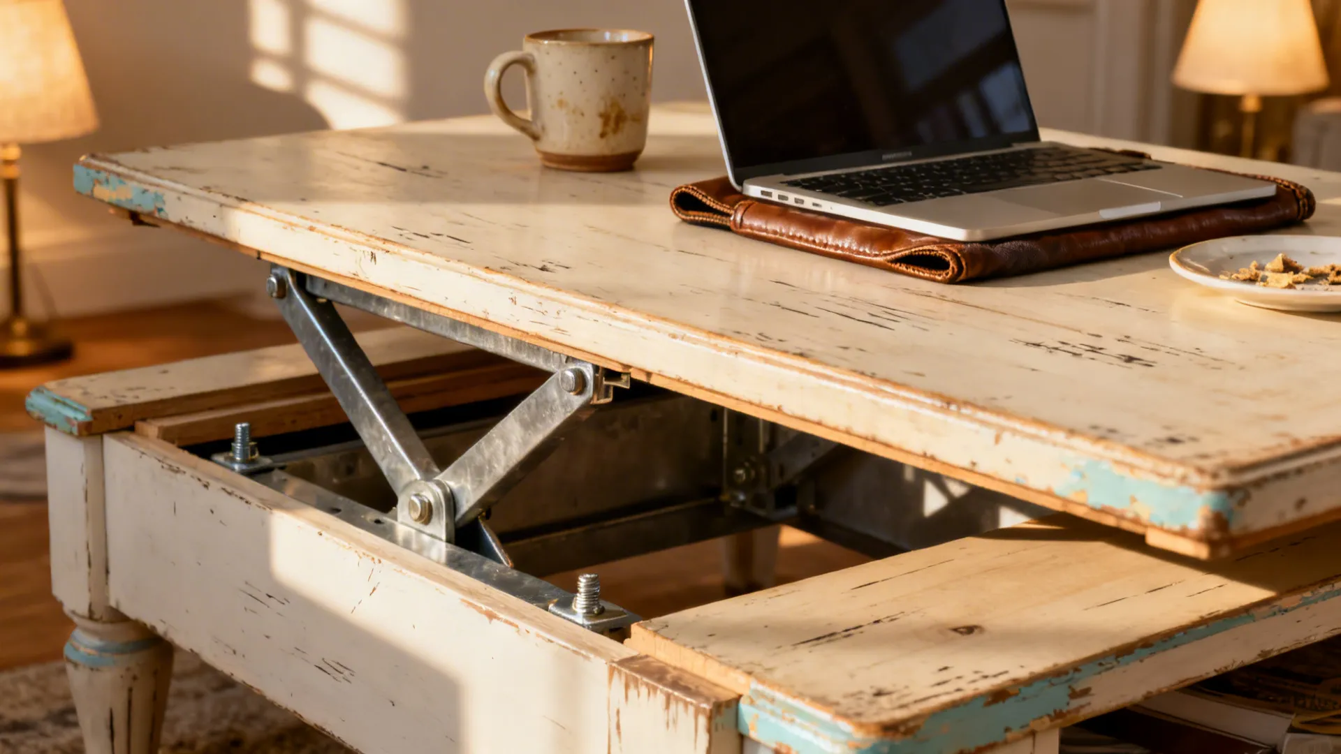 White lift top coffee table with metal lifting mechanism, laptop, and a ceramic coffee mug