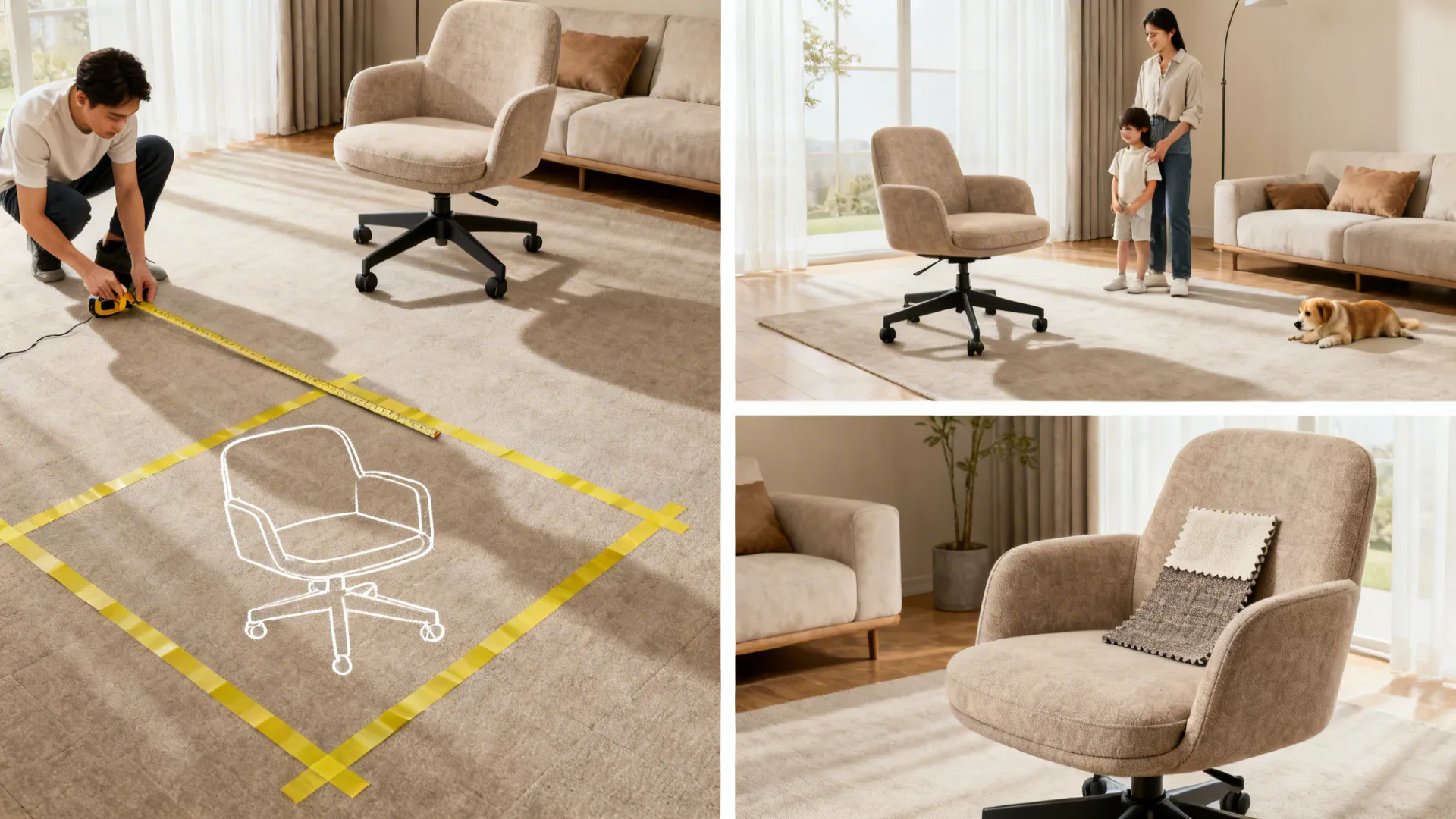 Collage showing measuring for a swivel chair, floor tape mockup, family-friendly swivel use, and fabric swatches.