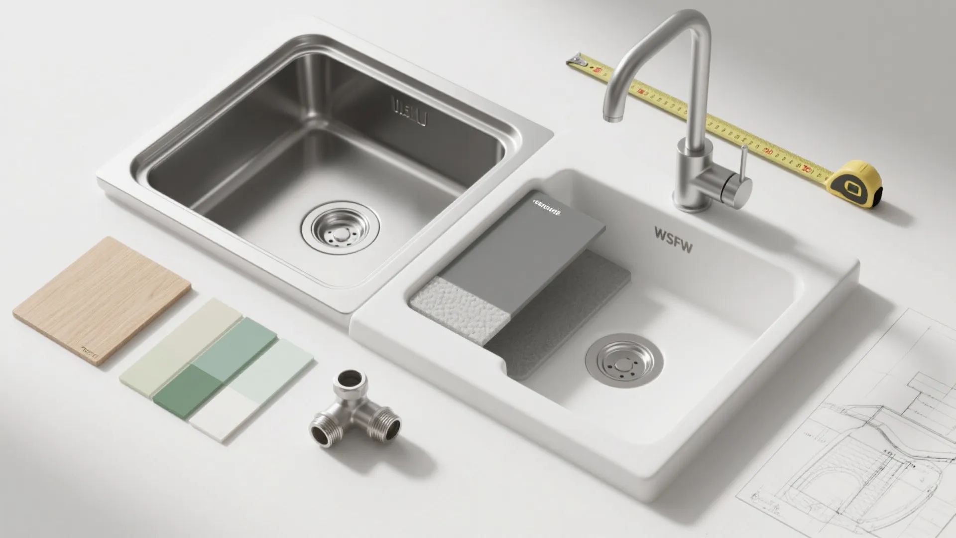 Comparison of stainless steel and white sinks with measuring tape tiles and interior design drawing