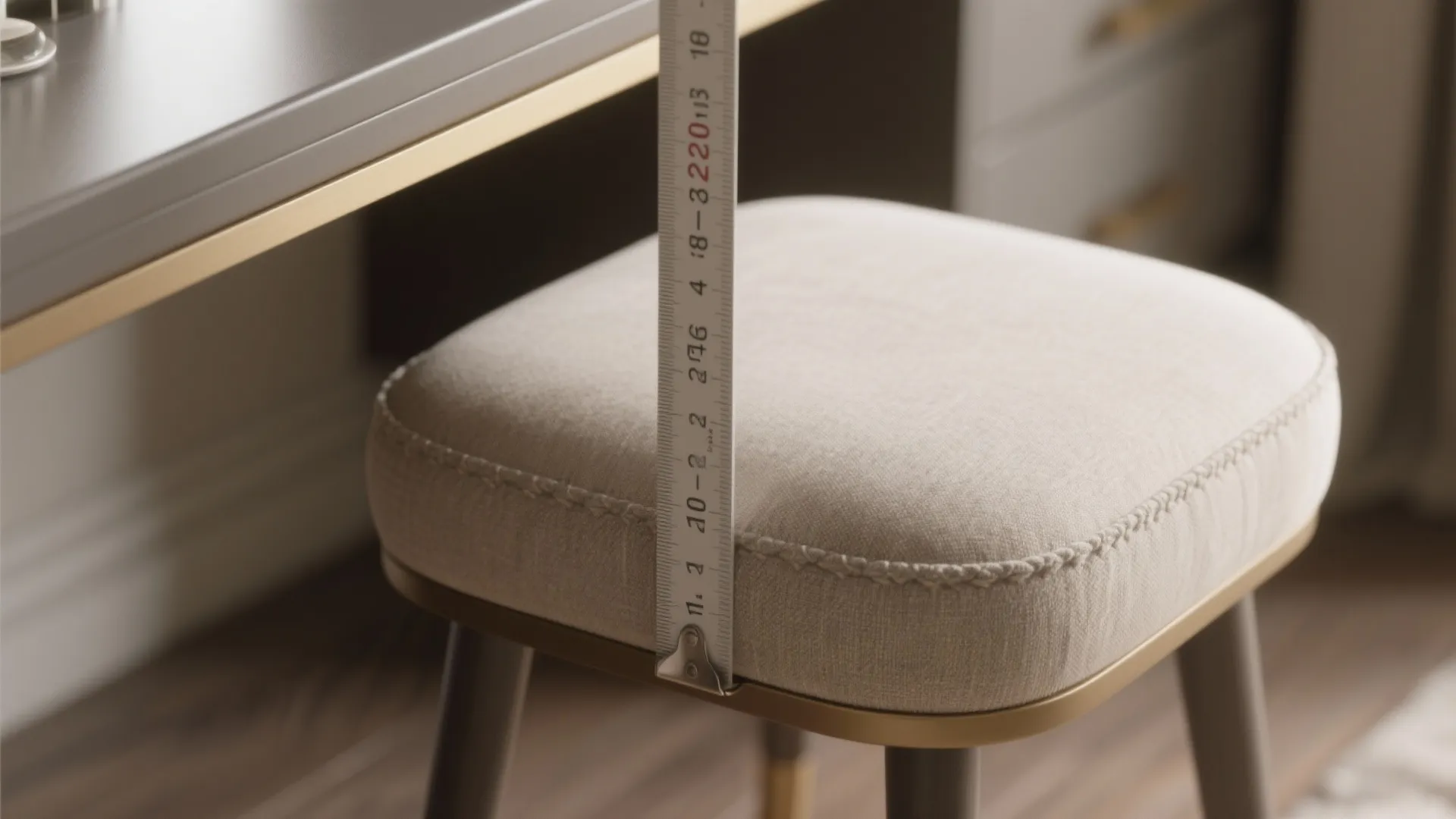 Close-up of a vanity seating height gauge next to a backless stool illustrating recommended 28–32 inch range.