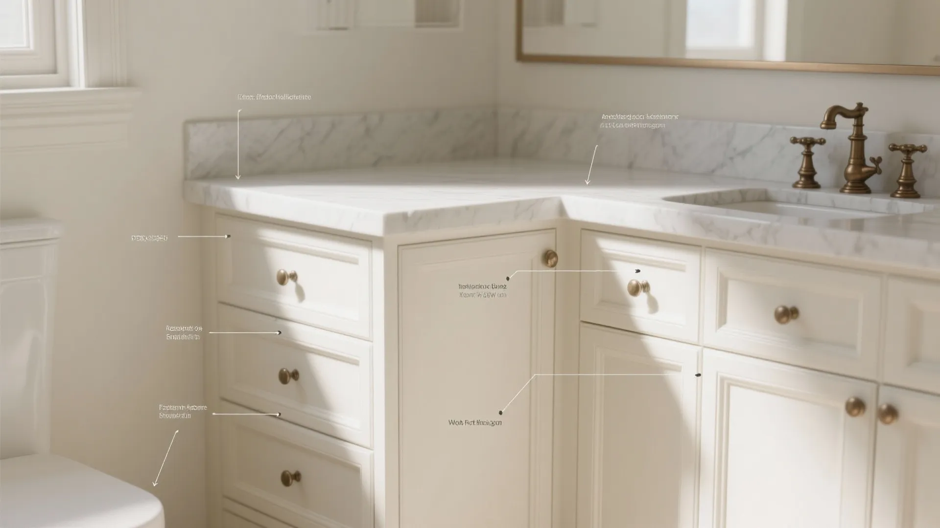 Antique white vanity corner showing durable finish, countertop edge and recommended clearance.