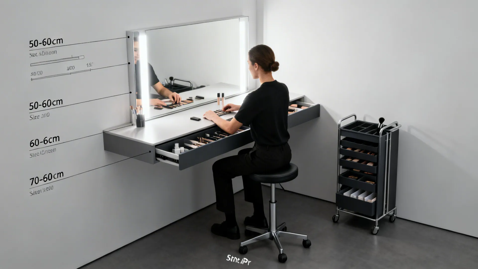 Seated use of a 50–60 cm vanity showing stool clearance and ergonomic setup with proper lighting.