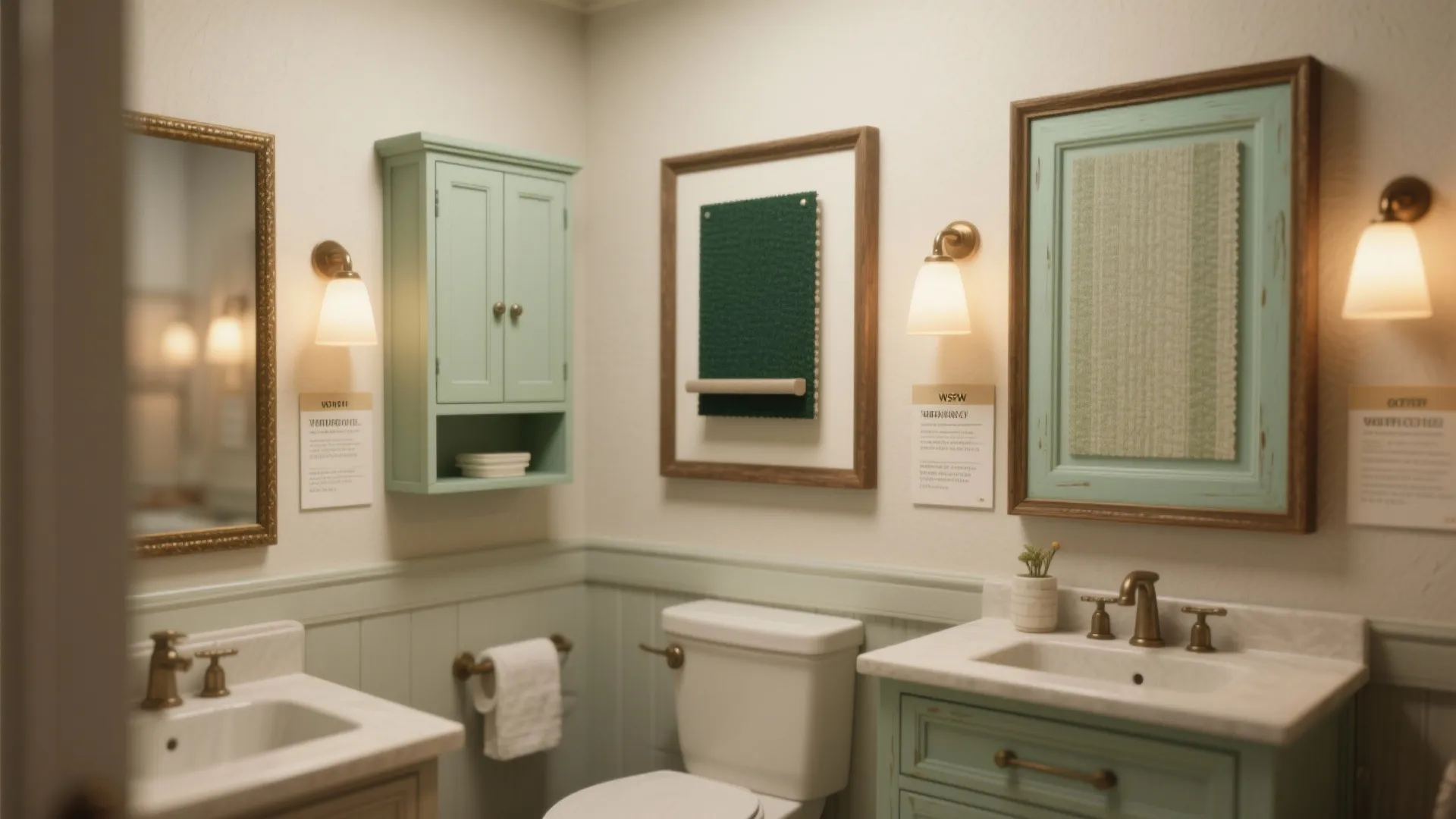 Bathroom interior with light green cabinets white sinks mirrors wall lights and wooden framed wall art