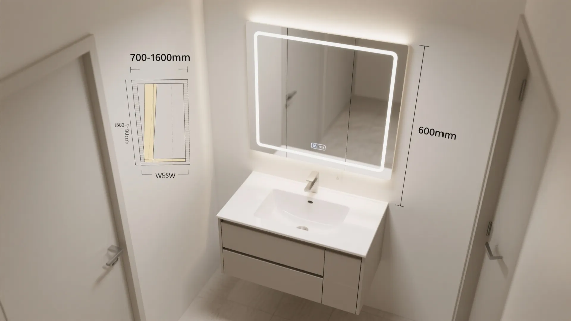 Interior design drawing showing bathroom sink cabinet and mirror with specific height and width measurements