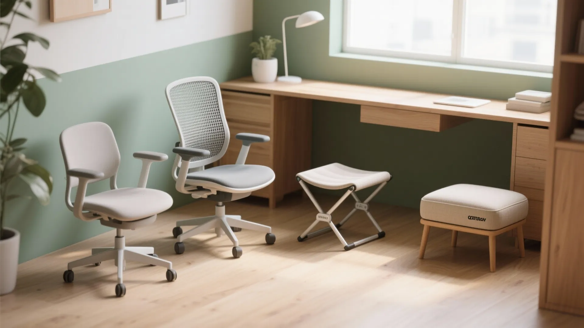Modern home office area with wooden desk and two ergonomic chairs plus two small footrests