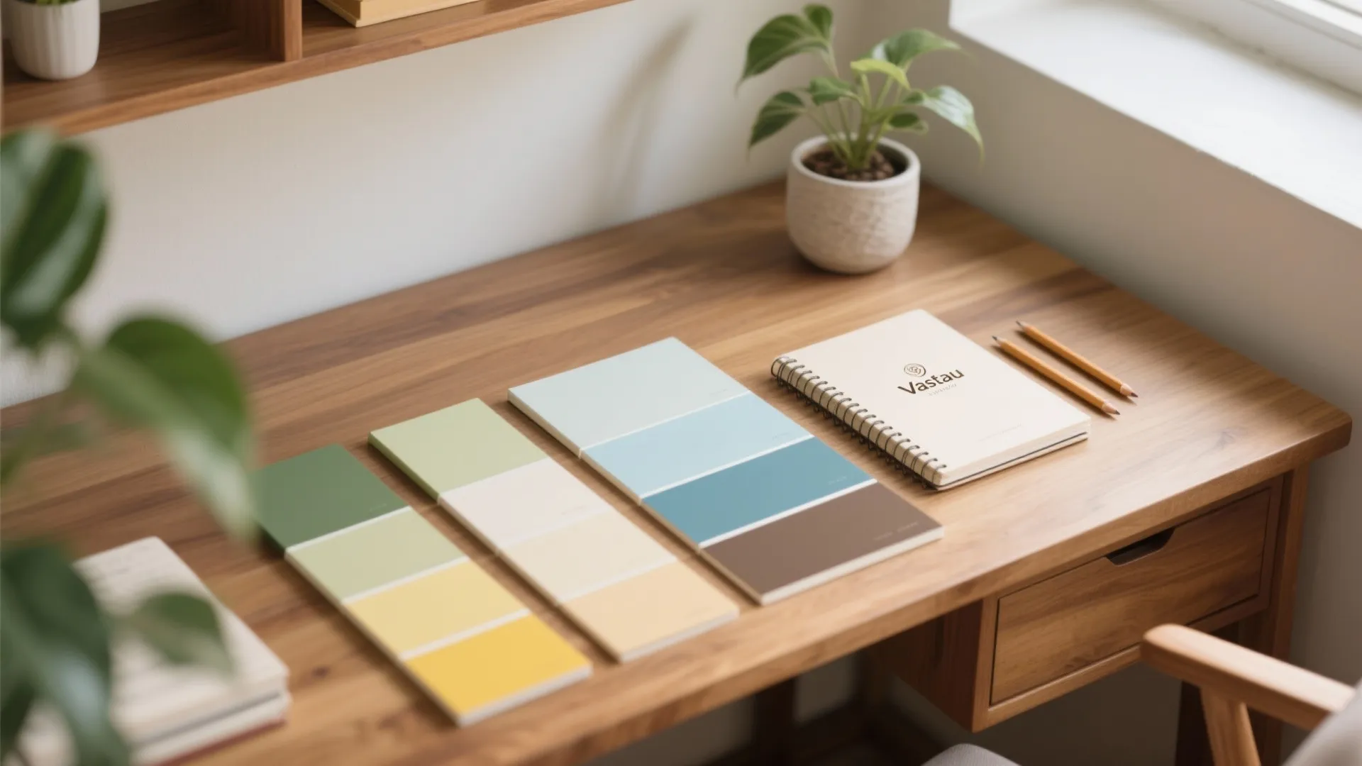 Wooden desk featuring three color palette cards, a spiral notebook, two pencils, and potted plant