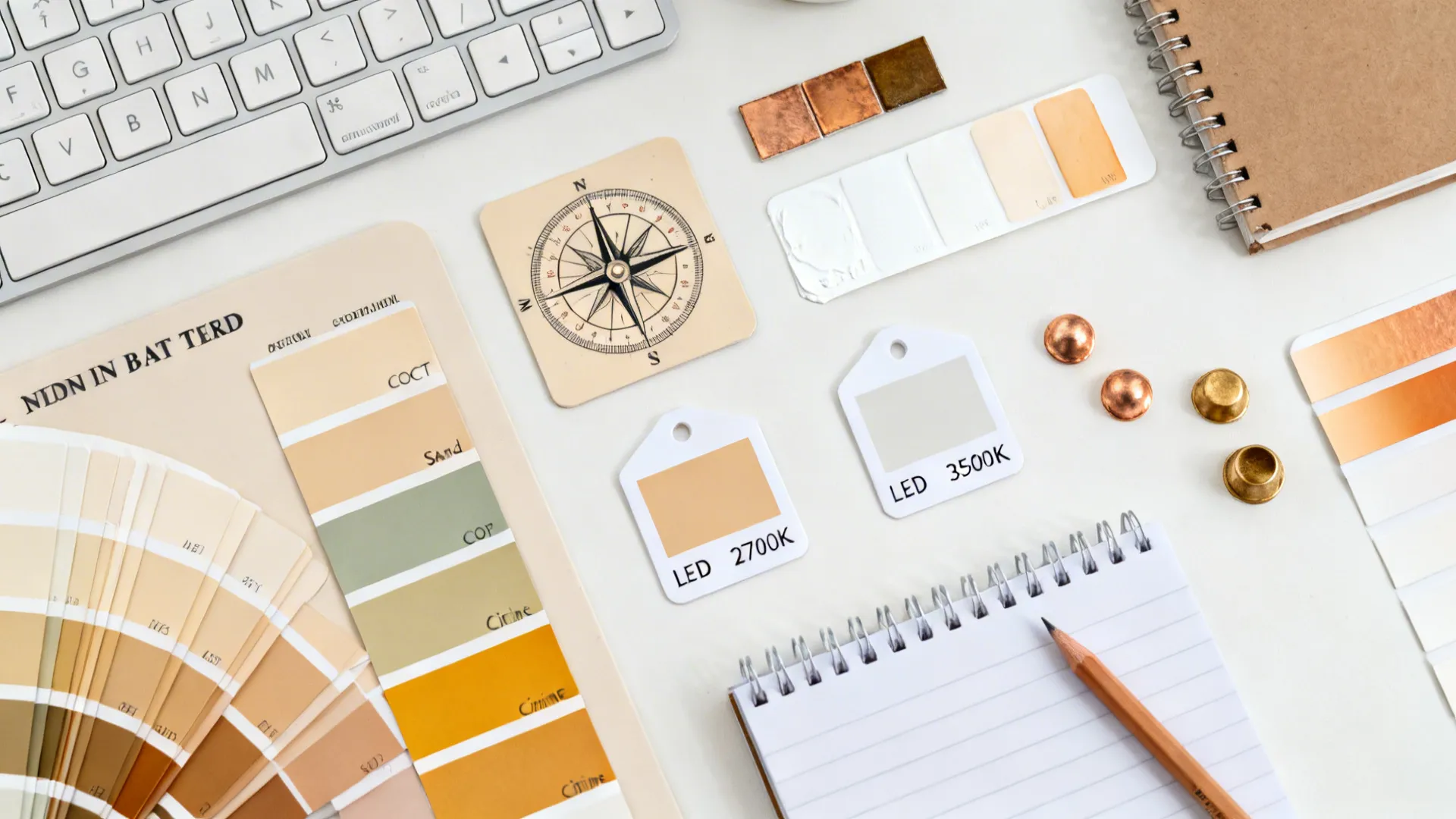 Flat lay with compass card, beige, sage, citrine swatches, and copper or brass samples for Vastu palettes.
