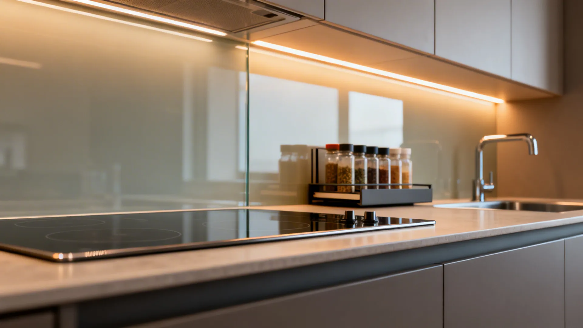 Macro detail of SE hob area with satin glass backsplash, warm LEDs, and a slim spice pull-out buffer.
