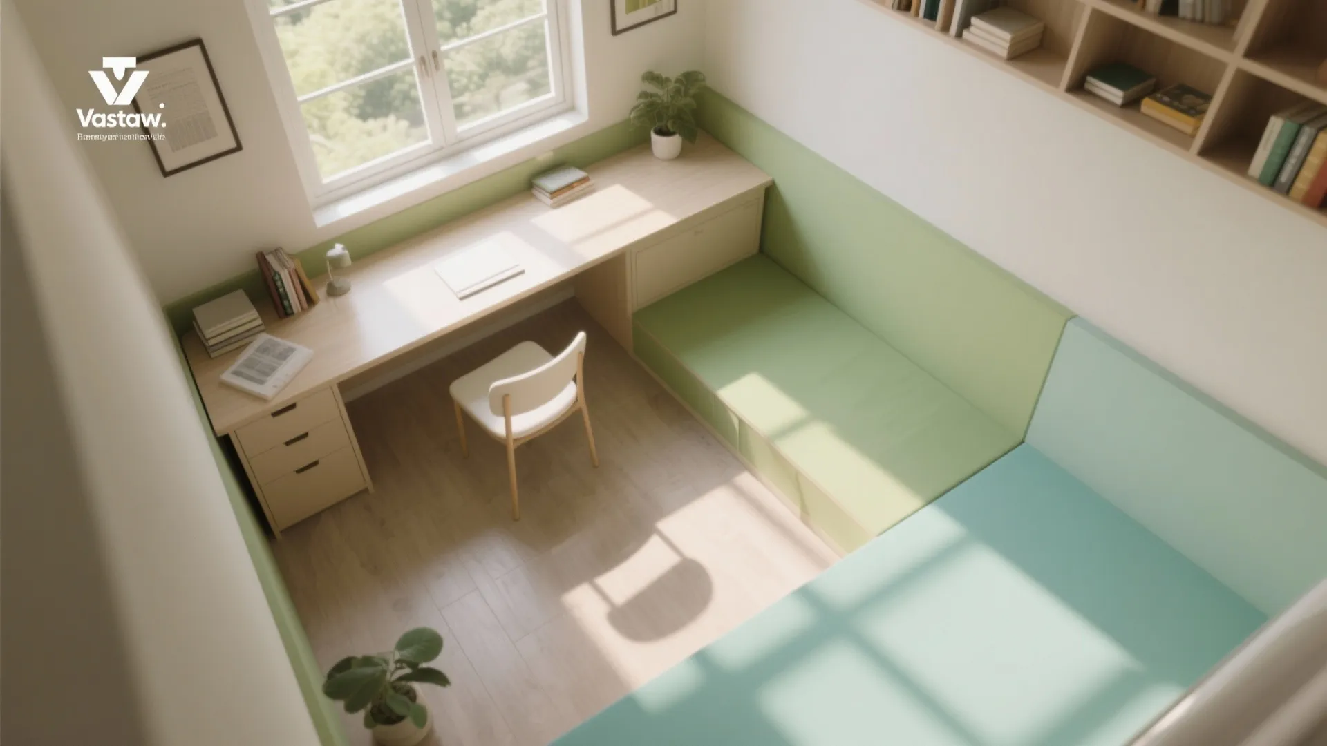 Bright study room with wooden desk white chair and green seating near a large window