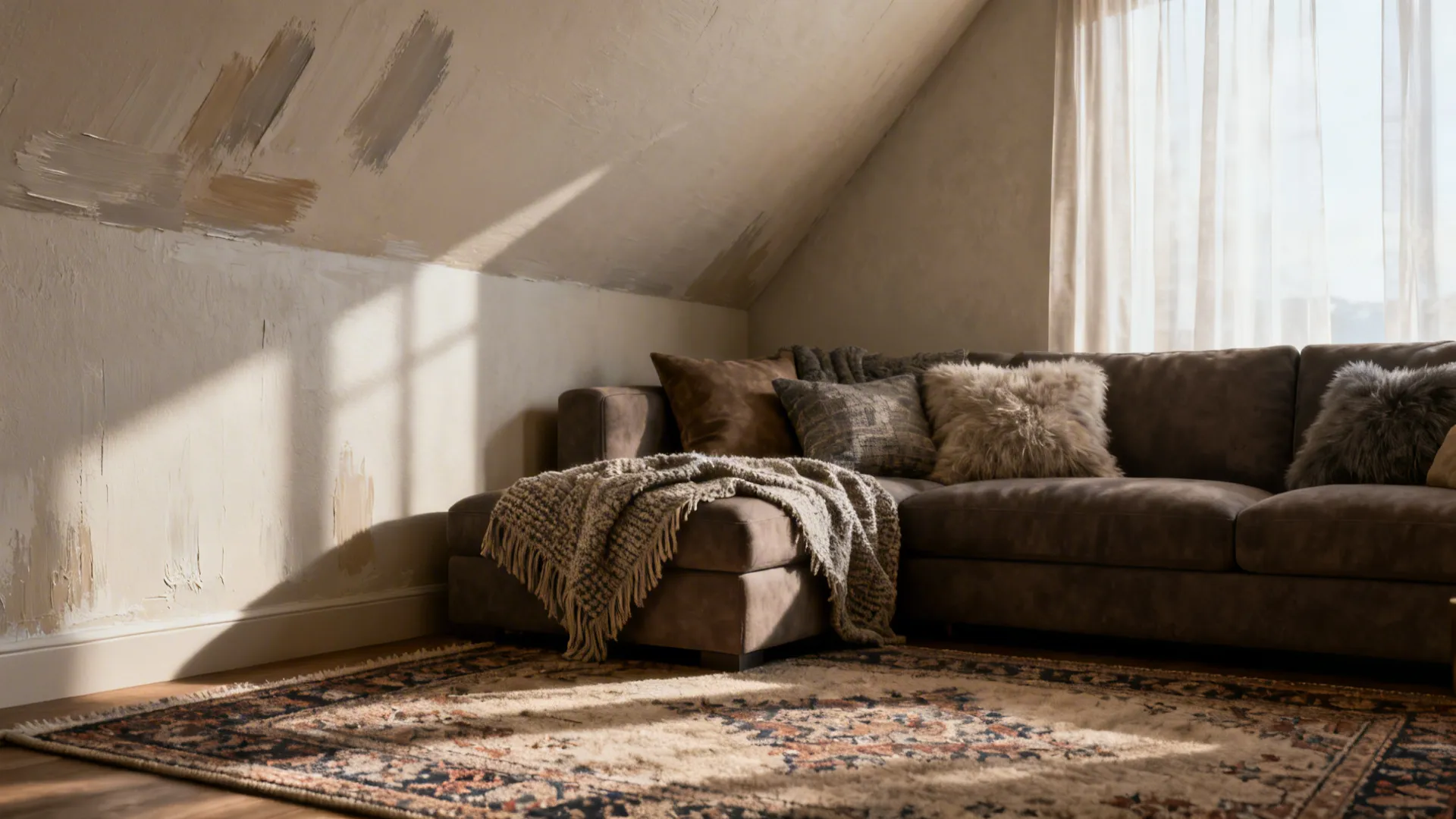 Vaulted living room corner with matte paint, layered textiles and rug to reduce echo.