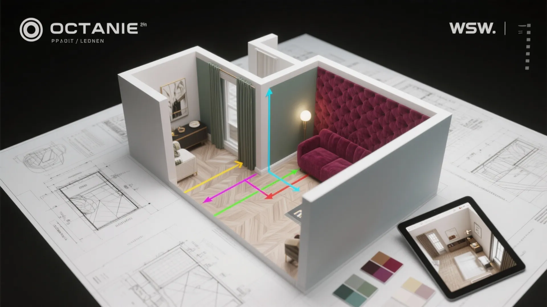 Interior design drawing showing a small room with purple sofa green curtains and wood floor layout