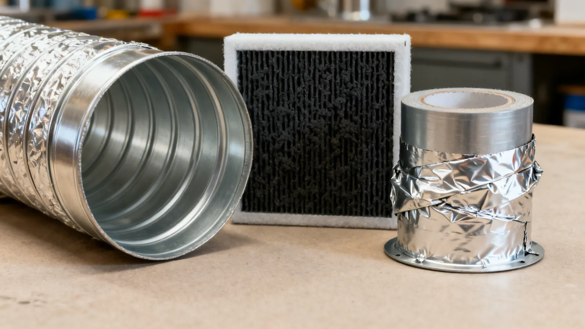 Macro details of a smooth aluminum duct, charcoal filter, and aluminum tape–sealed joint.