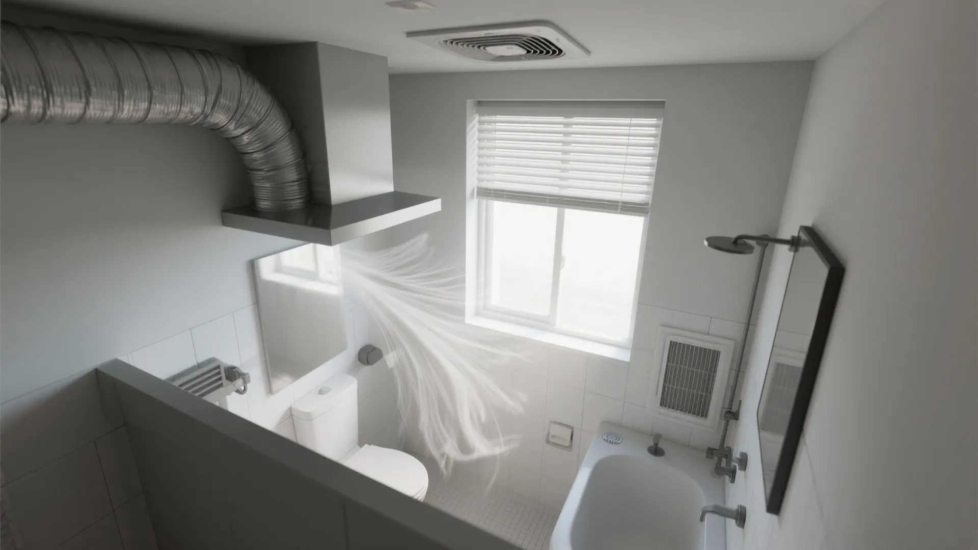 Bathroom interior design drawing with toilet bathtub shower mirror window and ventilation fan airflow air duct