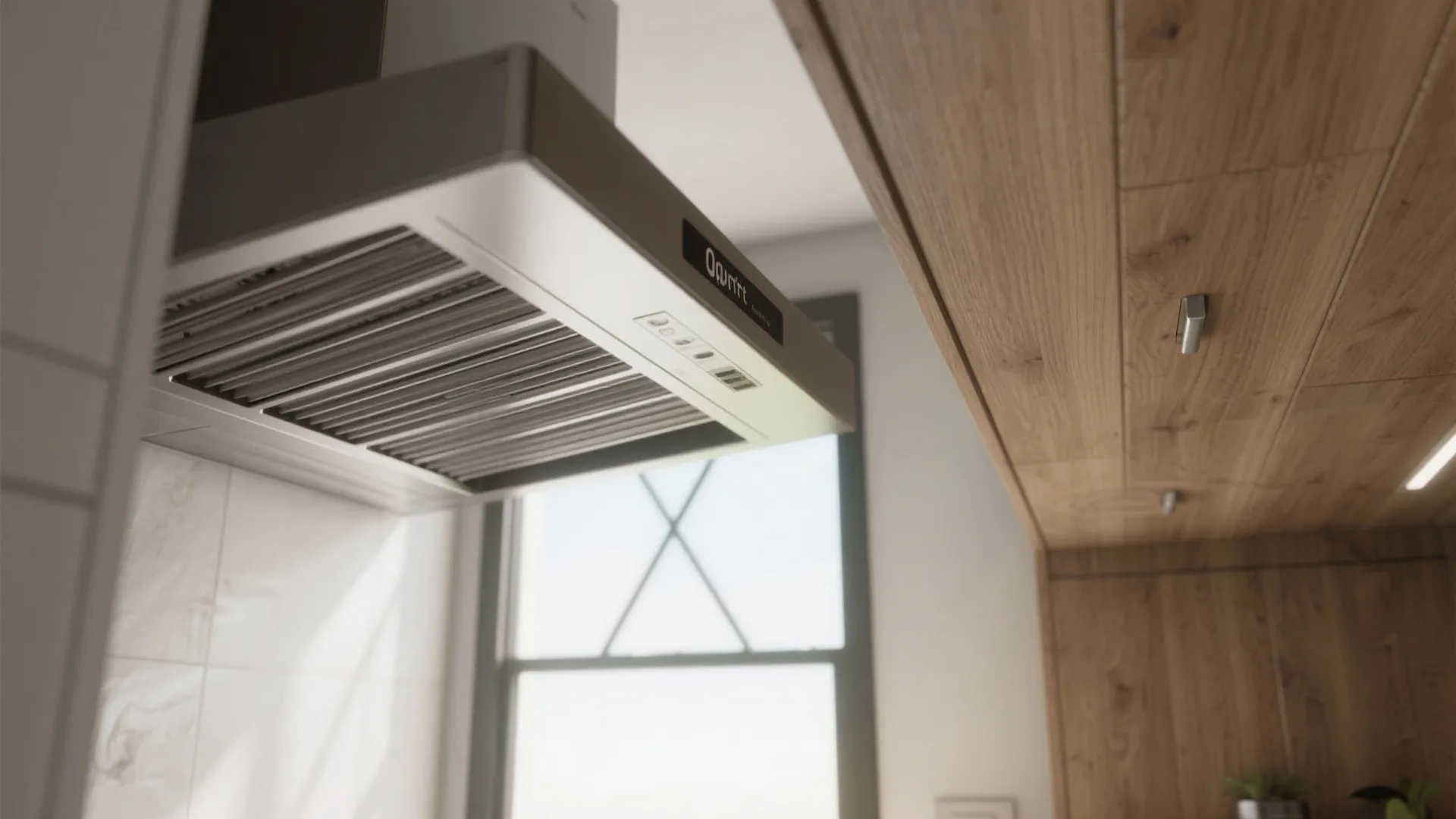 Close up of a silver kitchen vent hood installed under wooden cabinets near a window