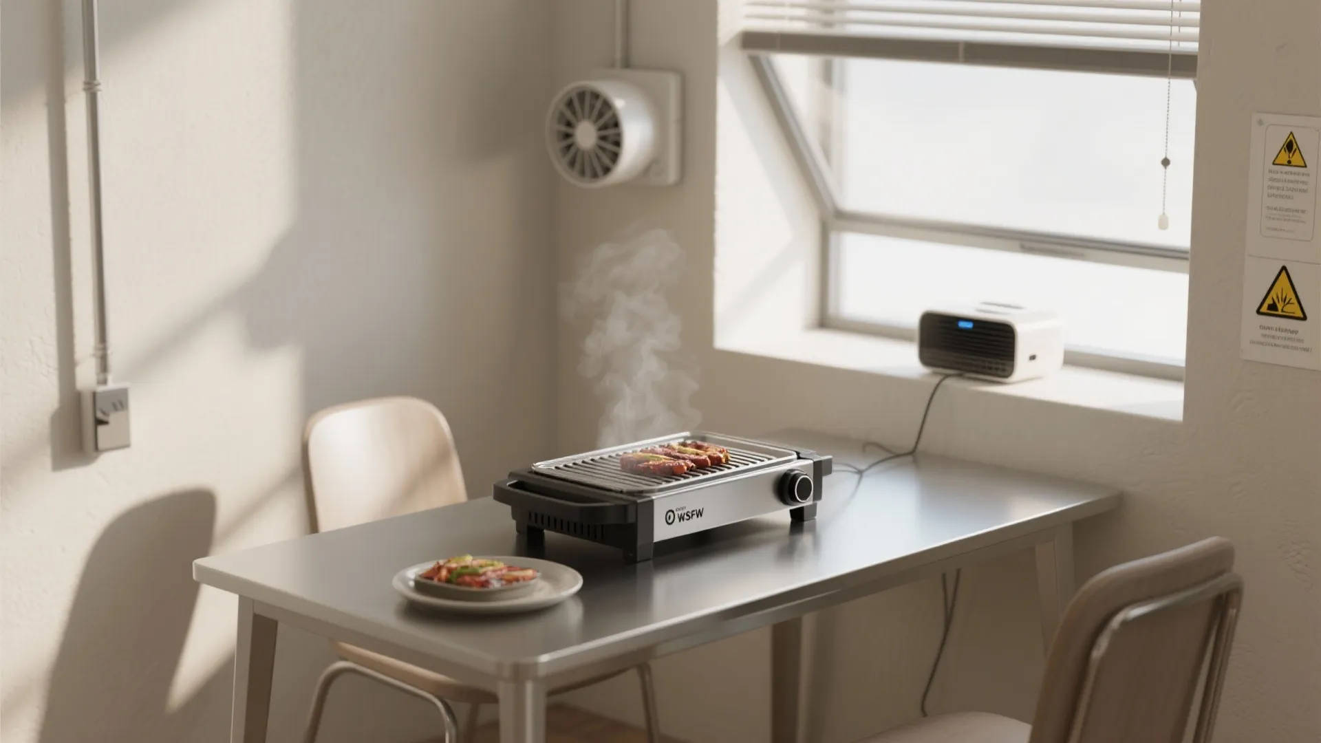 Small electric table grill with smoke sitting on a dining table near a wall fan