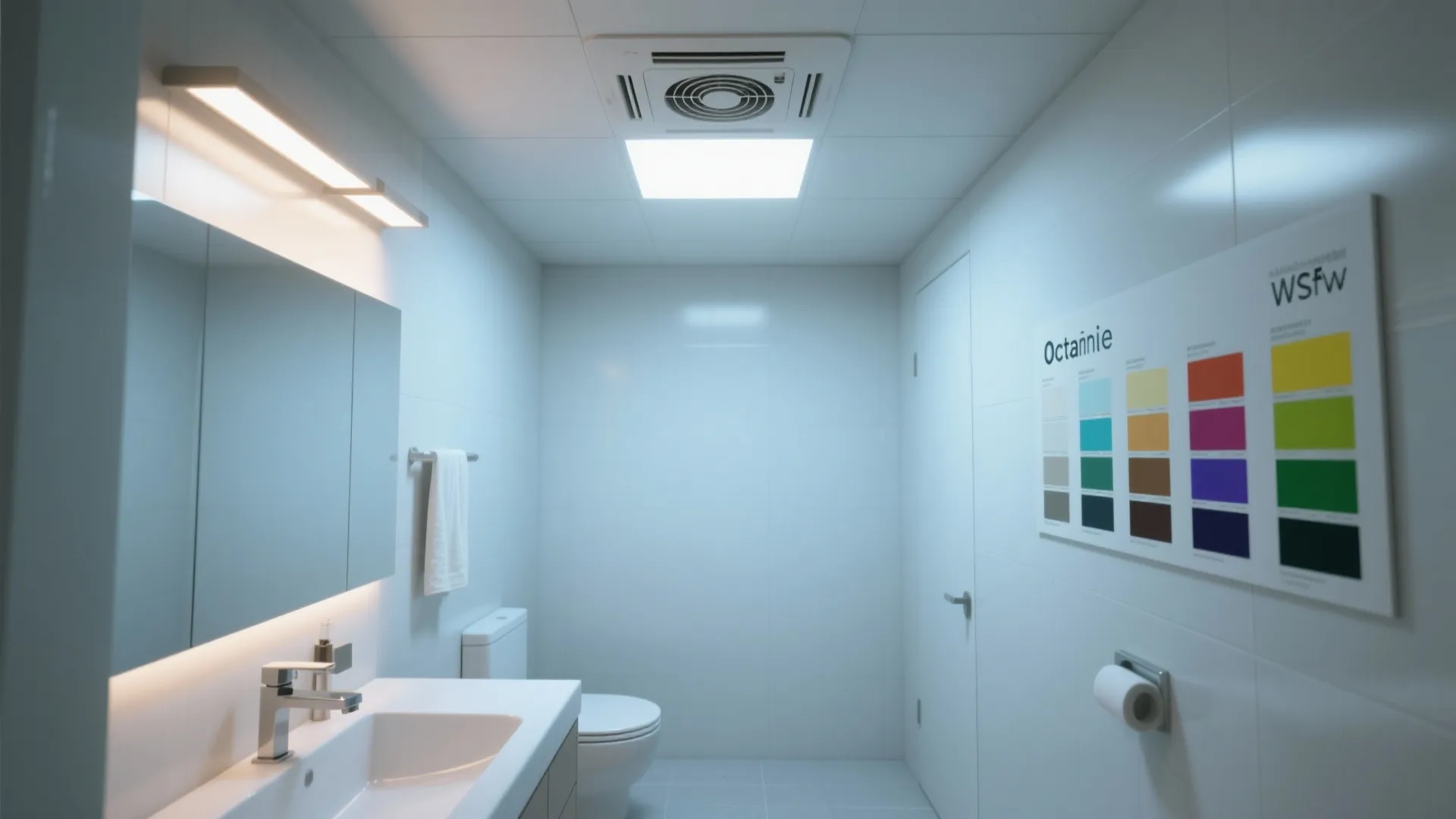 Modern white bathroom featuring square ceiling light fixture plus ventilation fan and color palette wall chart