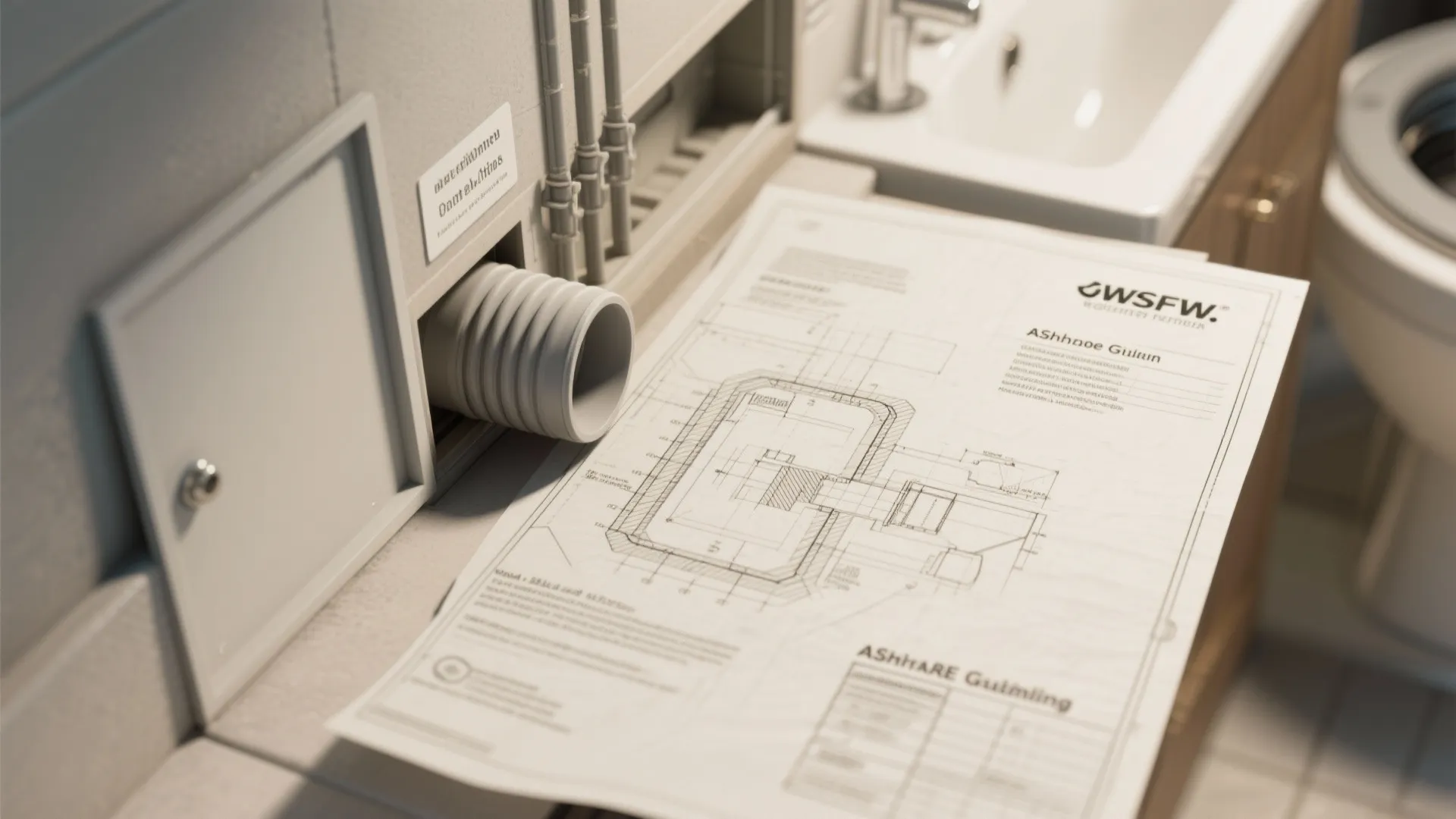 Close-up of blueprint, ASHRAE notes and dryer vent detail for combined laundry-bathroom planning.