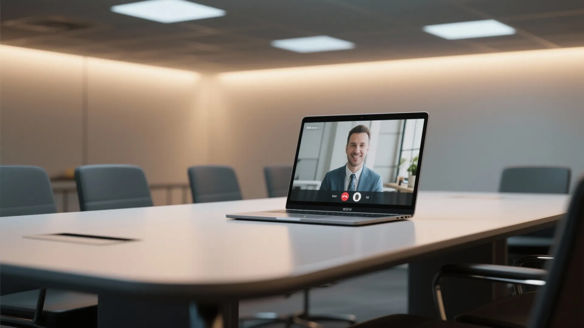 Matte table with laptop on a video call, lit by neutral 3500K–4000K lighting to show accurate skin tones.