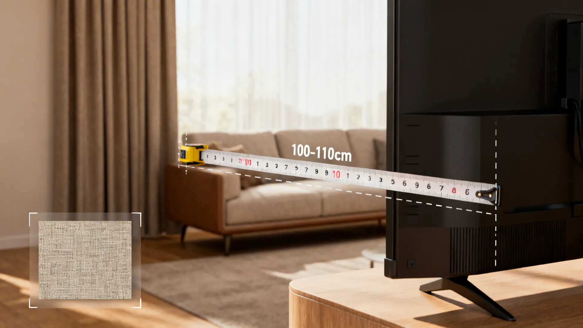 Tape measure showing distance between a flat screen television and a sofa in living room