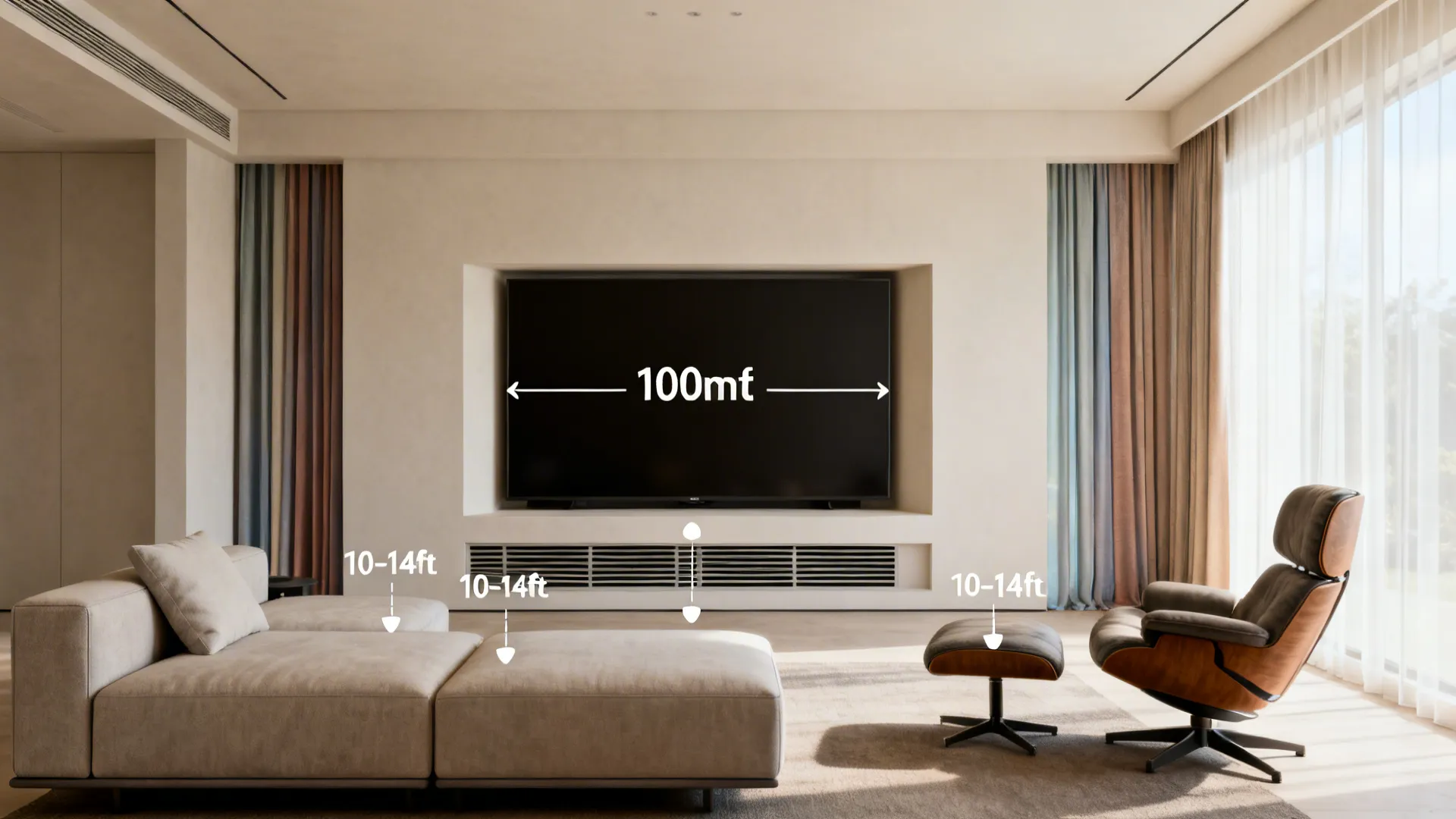 Infographic-style view showing recommended viewing distance and seating for a 100-inch TV in a living room