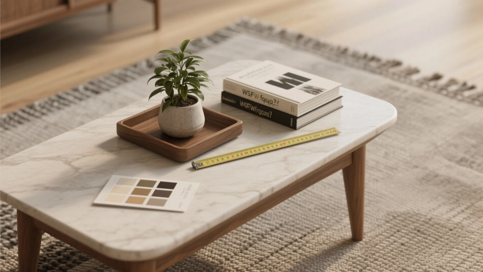 Marble coffee table with green plant, books, measuring tape, and color palette on textured rug