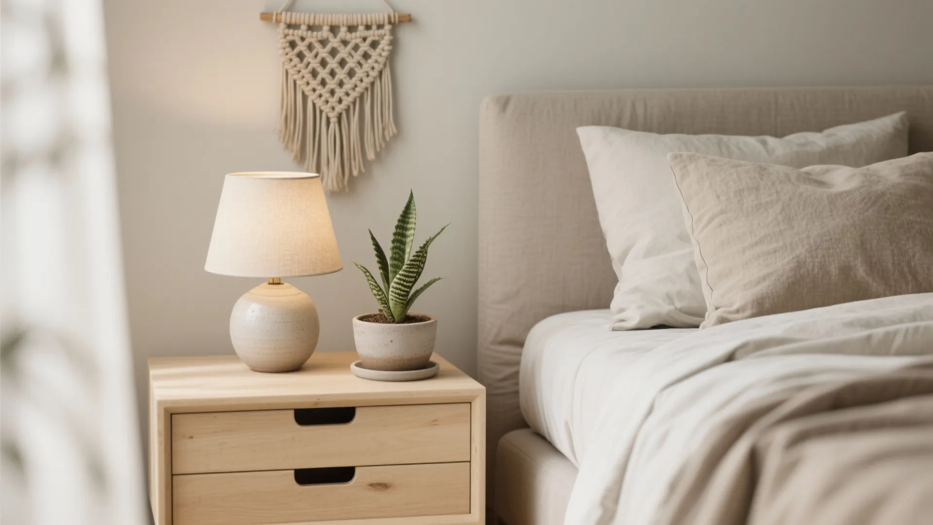 Wood bedside table with small table lamp and green plant next to soft beige bed pillows