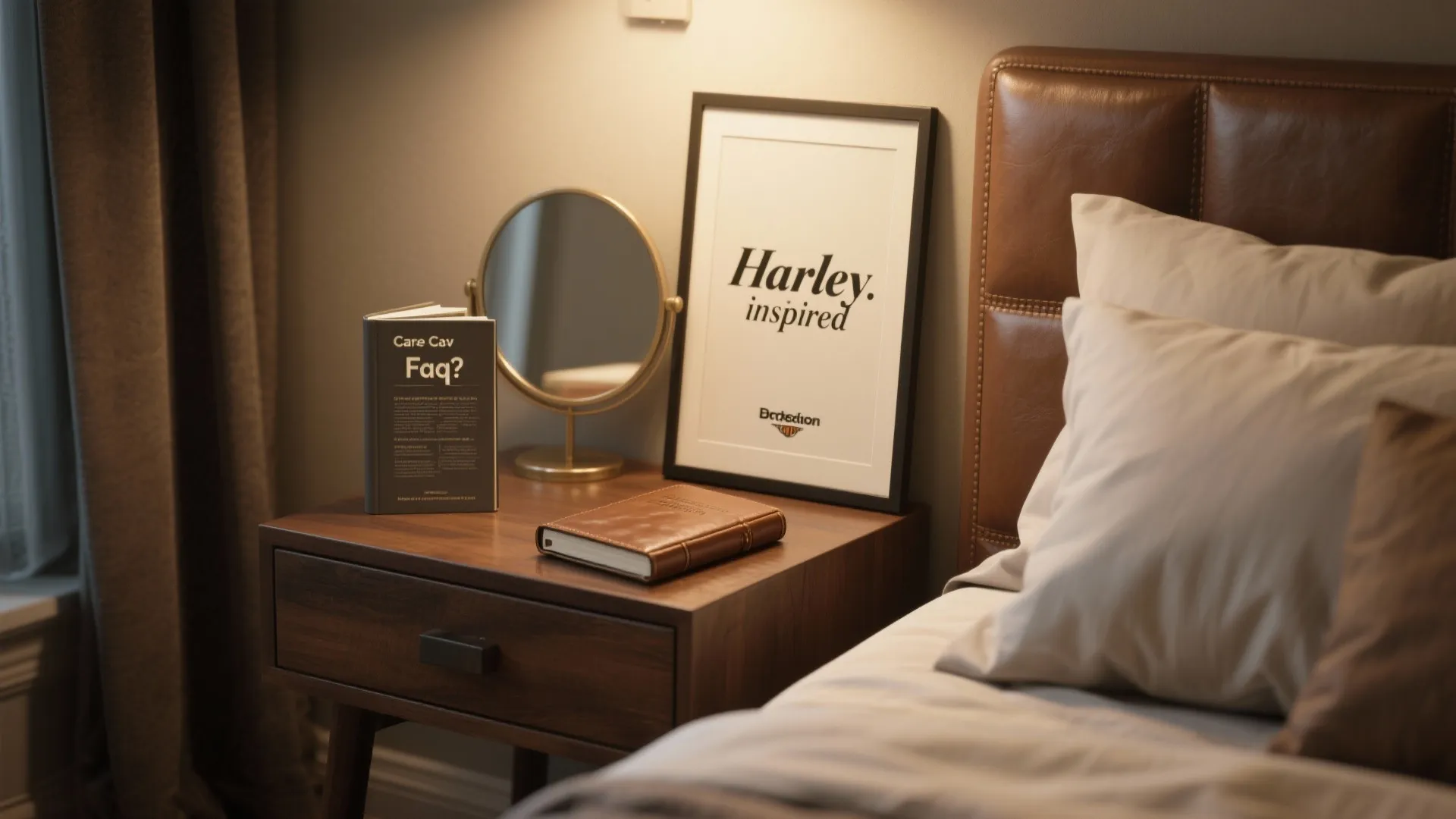 Bedside vignette with leather-care guide and neutral bedding illustrating maintenance and FAQ tips.