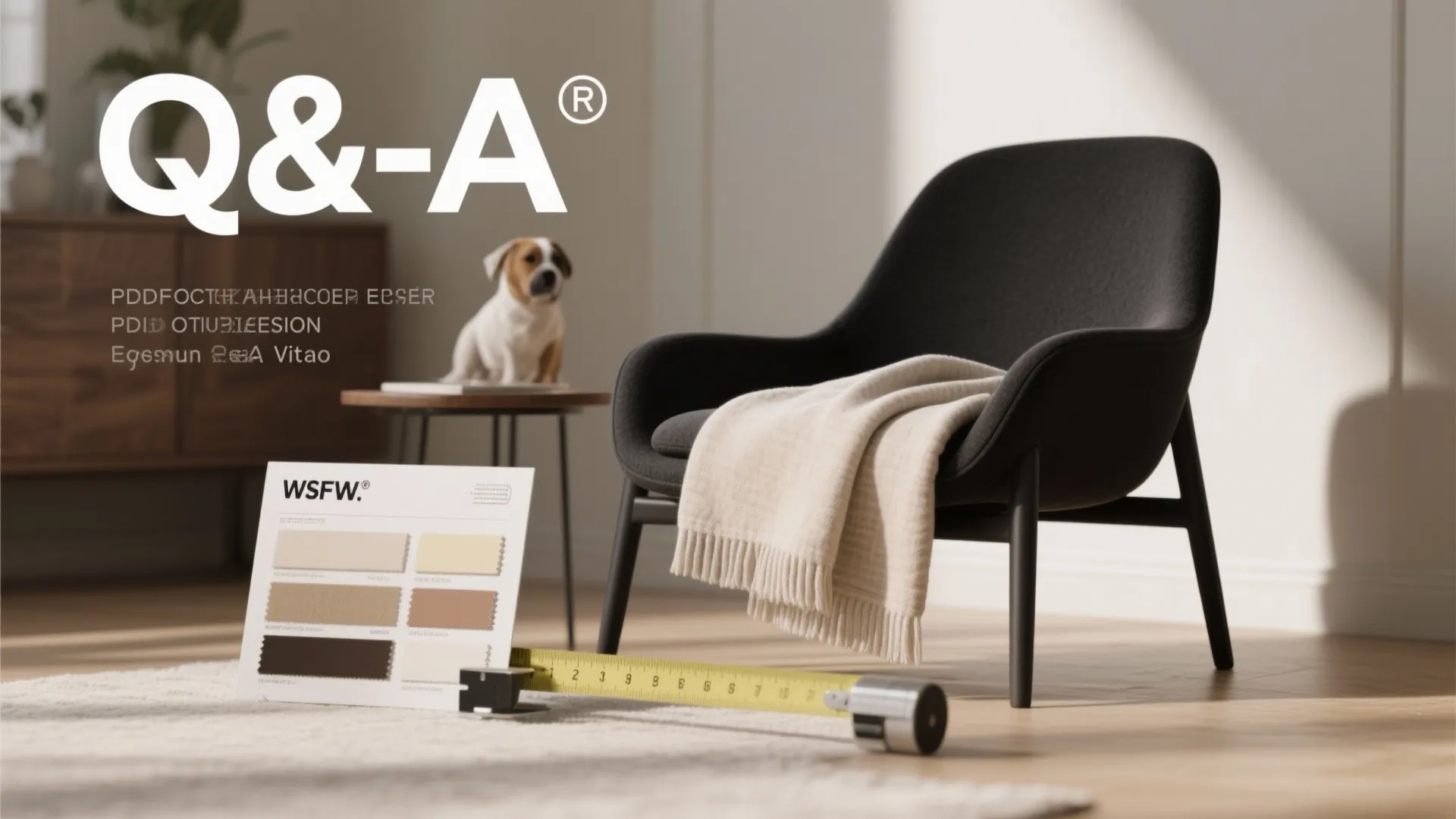 Vignette with a black chair, fabric swatch and measuring tape illustrating pet-friendly fabrics and ergonomics