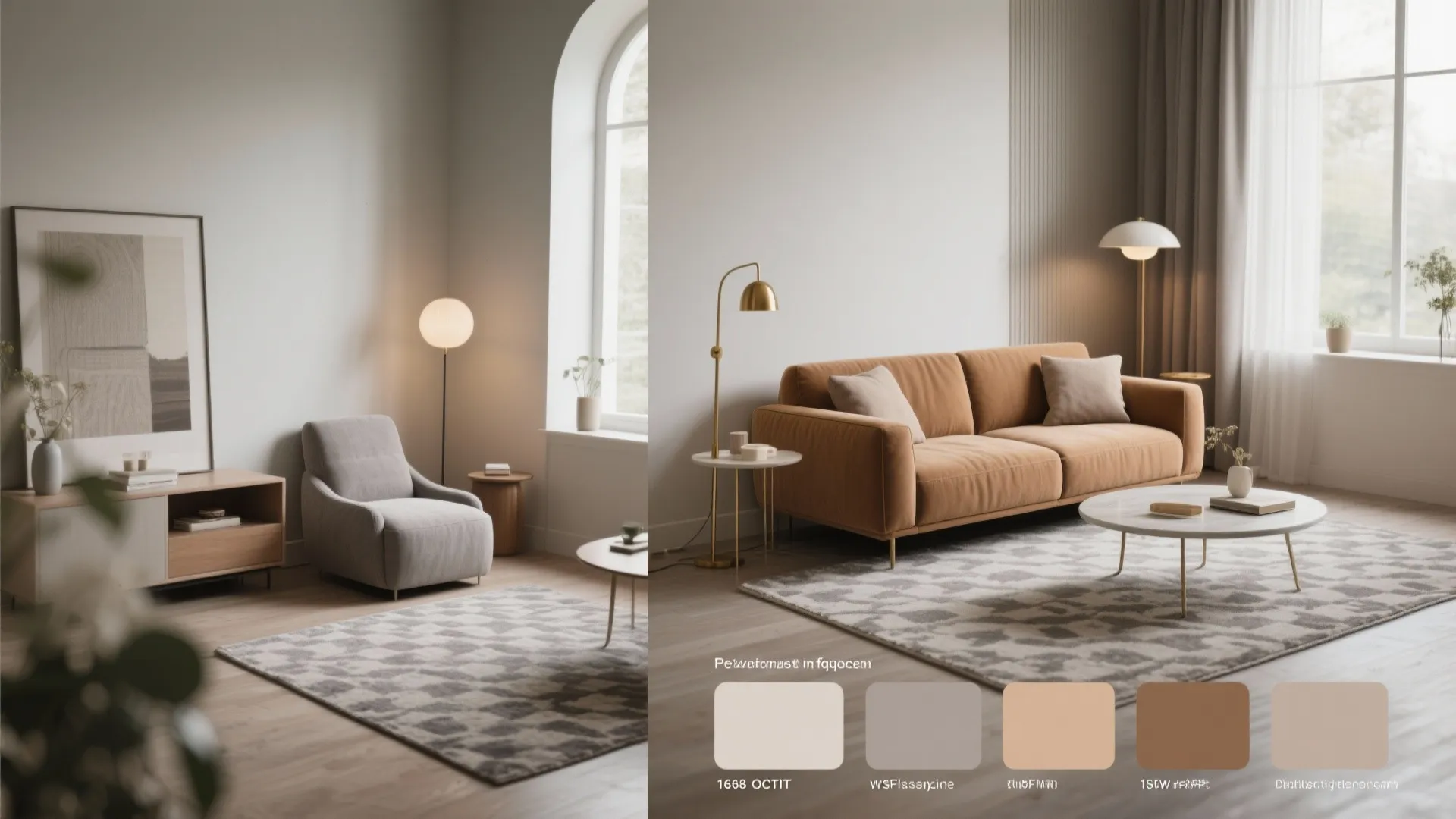 Collage of small living room scenes showing camel and gray pairings and details