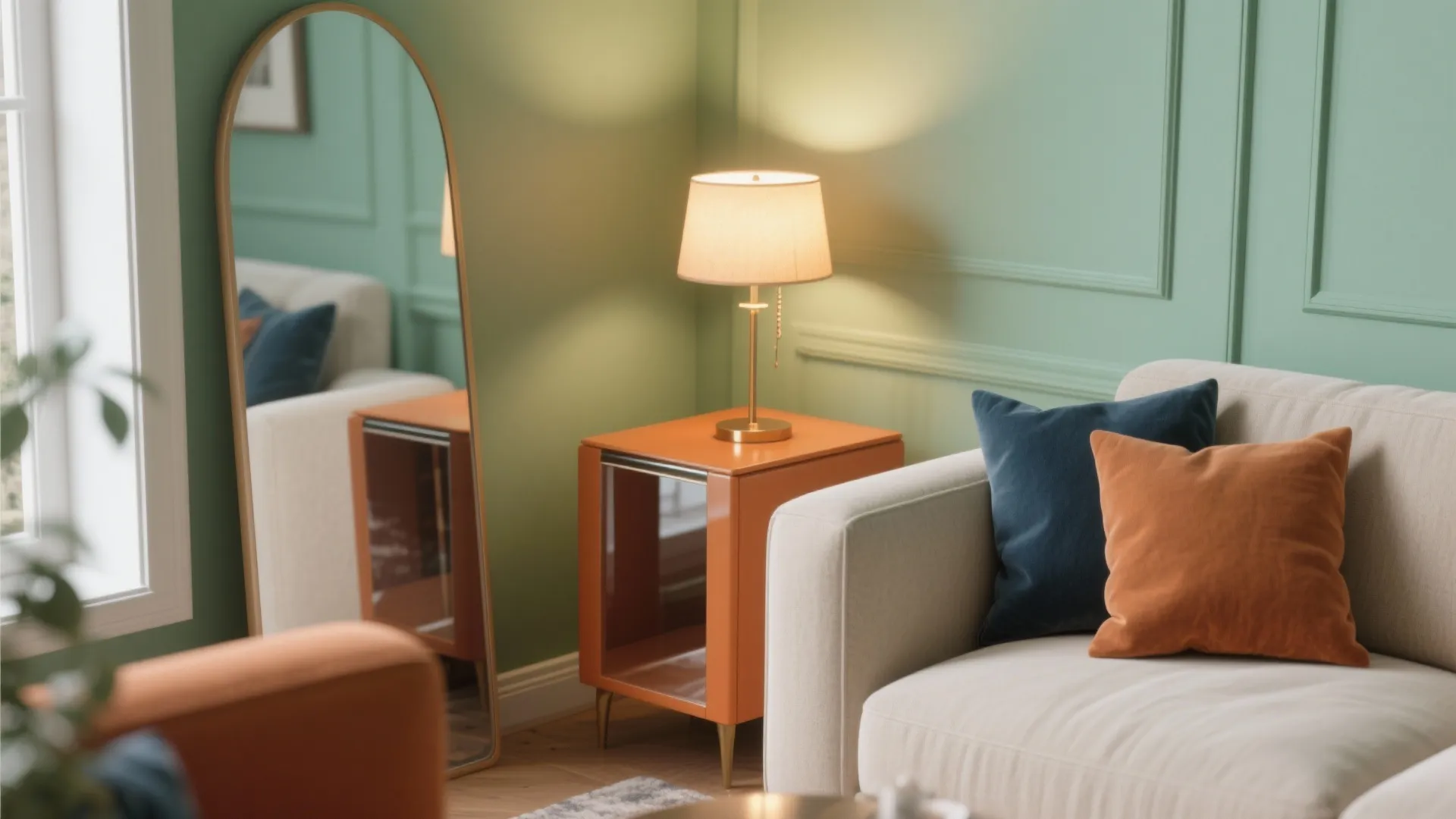 Vignette showing light green walls with terracotta and navy accents and warm LED lighting