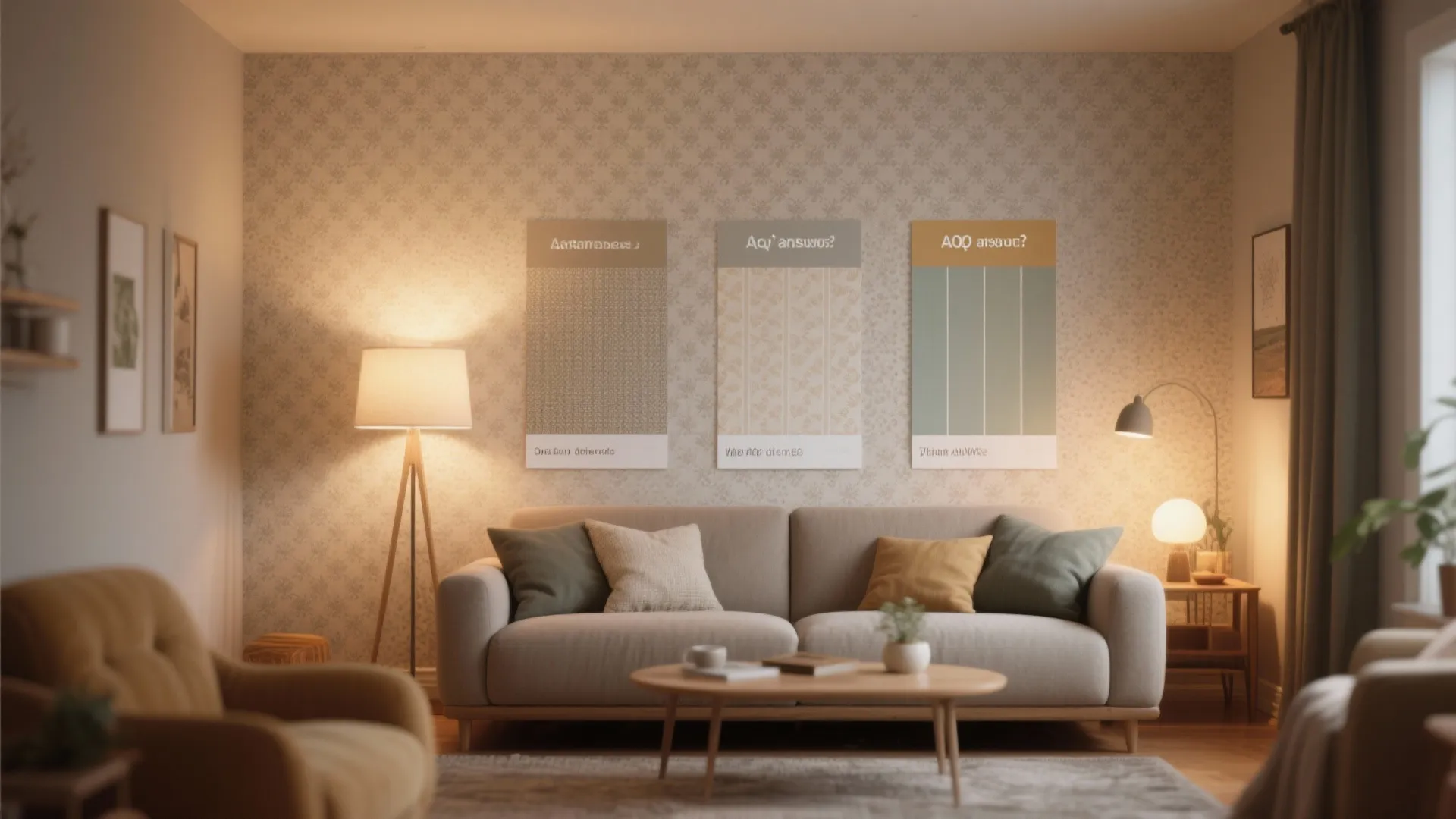Vignette showing different wallpaper types and placements in a small living room.