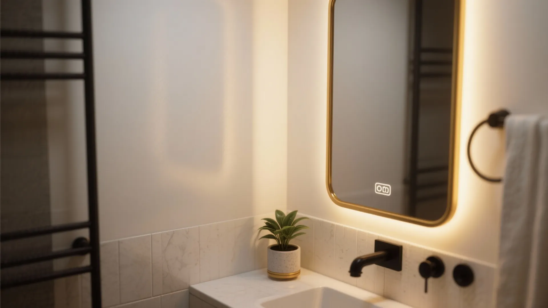 Calm small bathroom corner with warm layered lighting, gold mirror and matte black hardware.