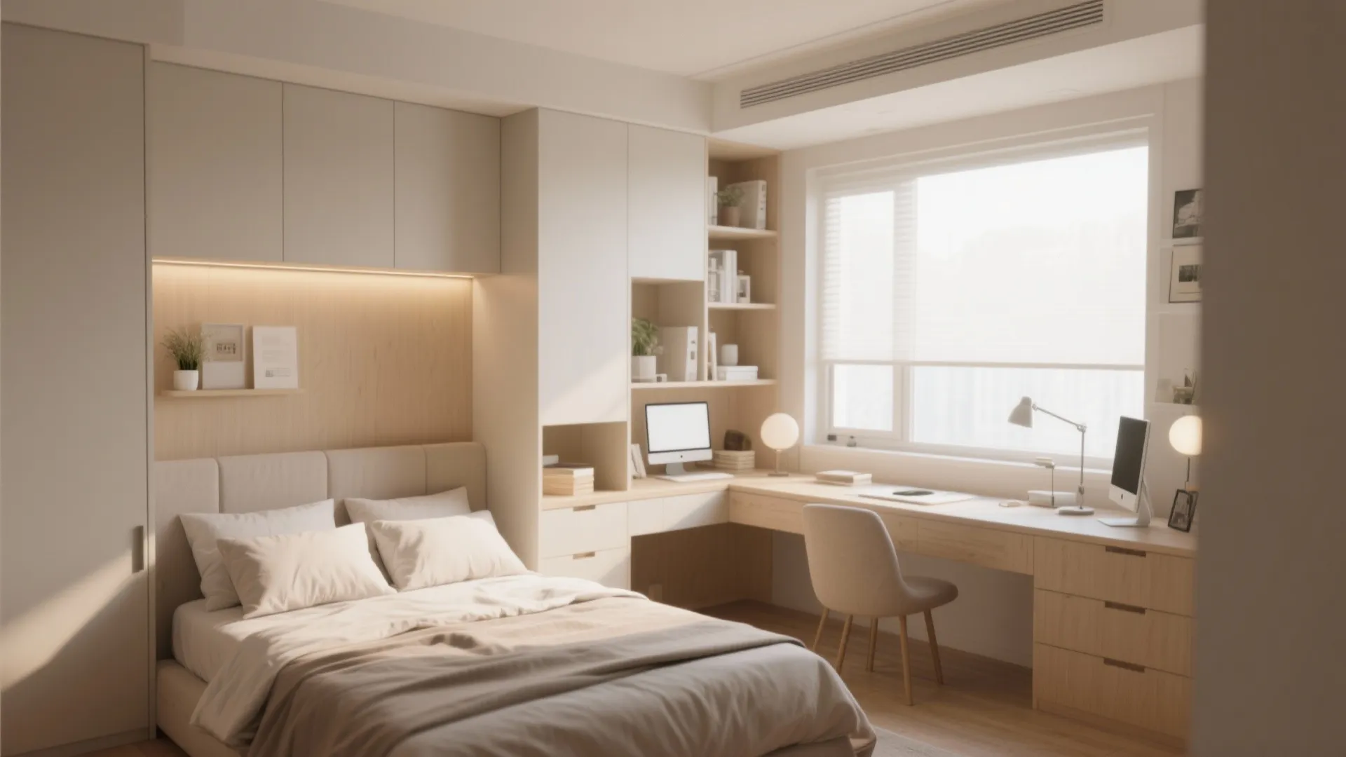 Minimalist bedroom design with a bed, large desk by the window, wall shelving, and computer