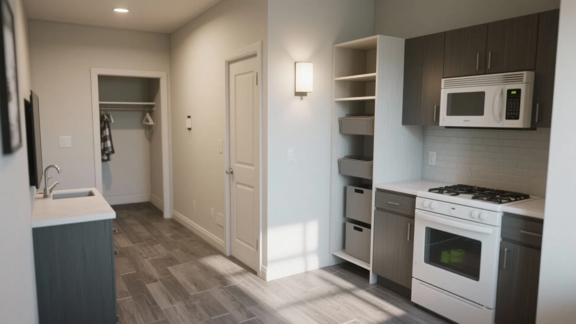 Small apartment kitchen with white stove microwave grey cabinets wall light and hallway to closet area