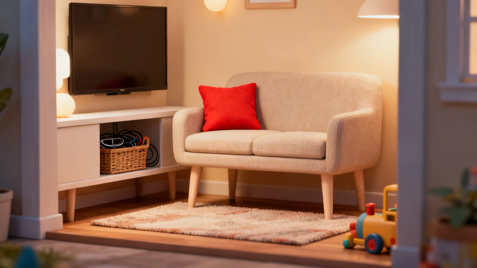 Cozy small living room vignette illustrating recommended colors, sofa style, rug placement and concealed media storage.