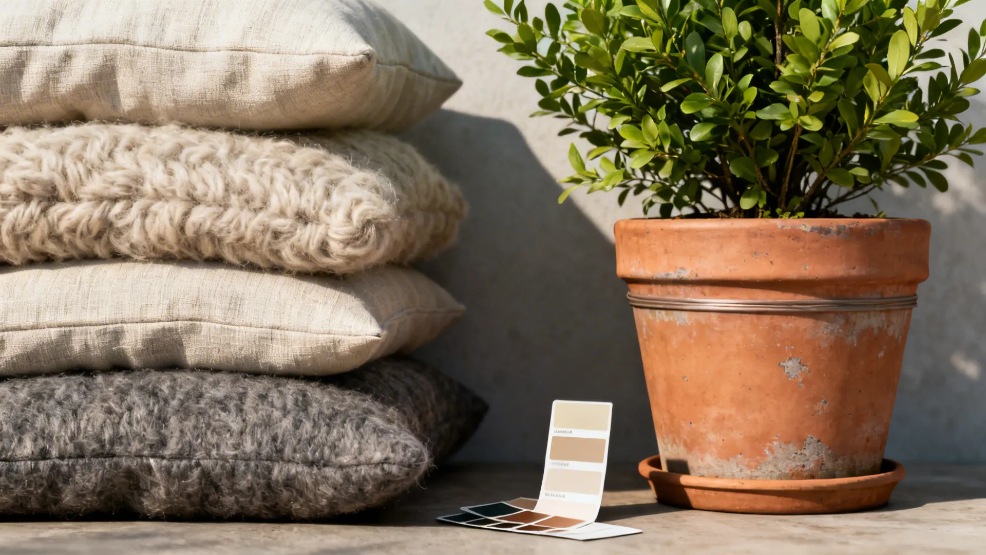 Vignette of cushions, potted greenery, sealed terracotta and paint samples illustrating seasonal and maintenance tips.