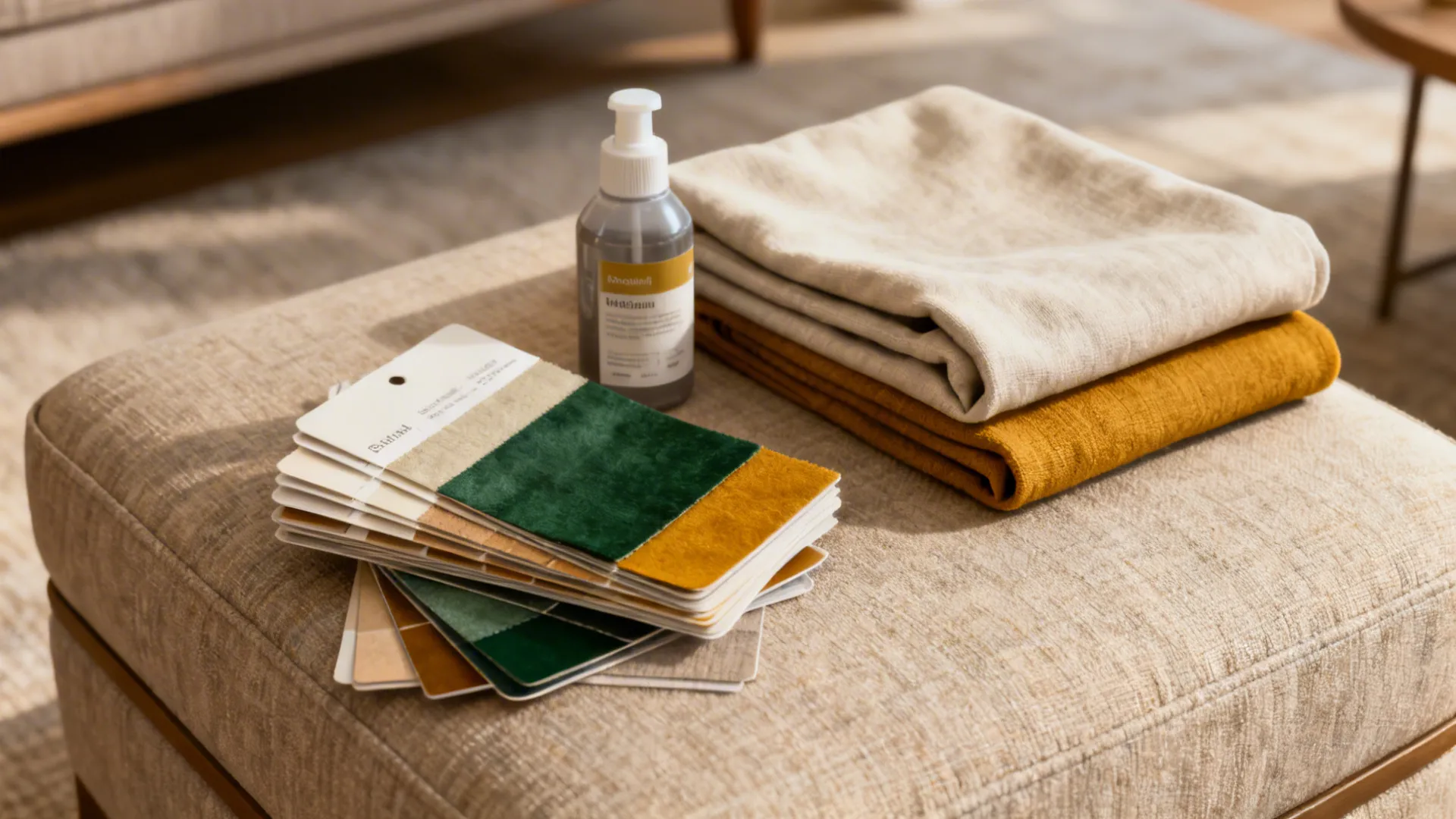 Color chips, slipcover and upholstery care items illustrating FAQs for brown couches