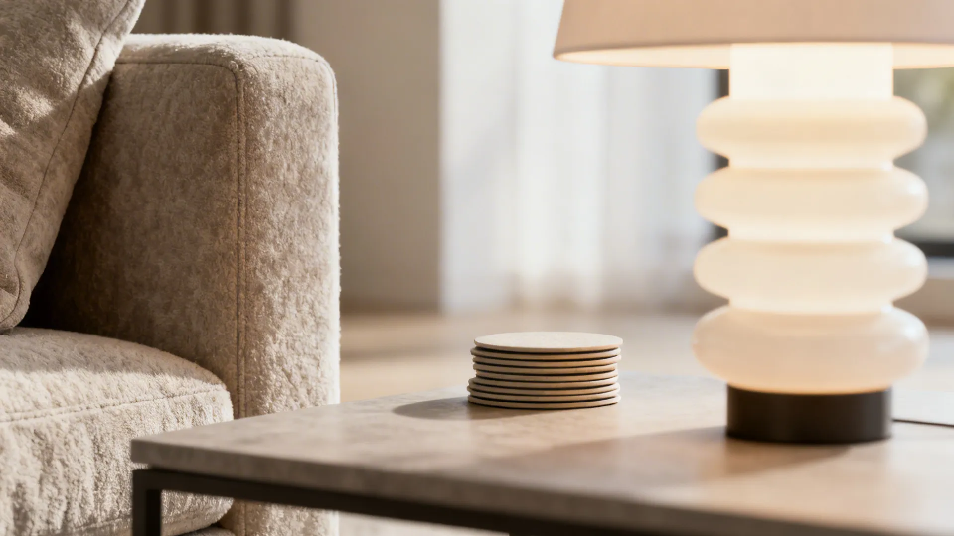 Vignette highlighting essential living room items: seating, a surface and layered lighting