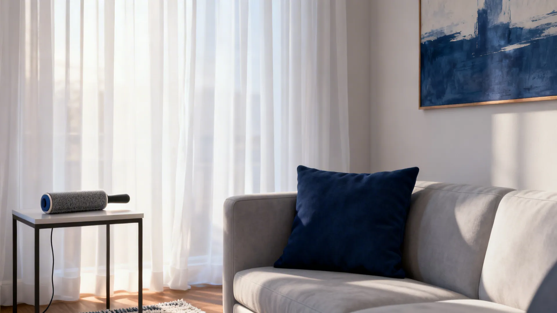 Small living room vignette showing navy and white balance with lint roller and navy accents
