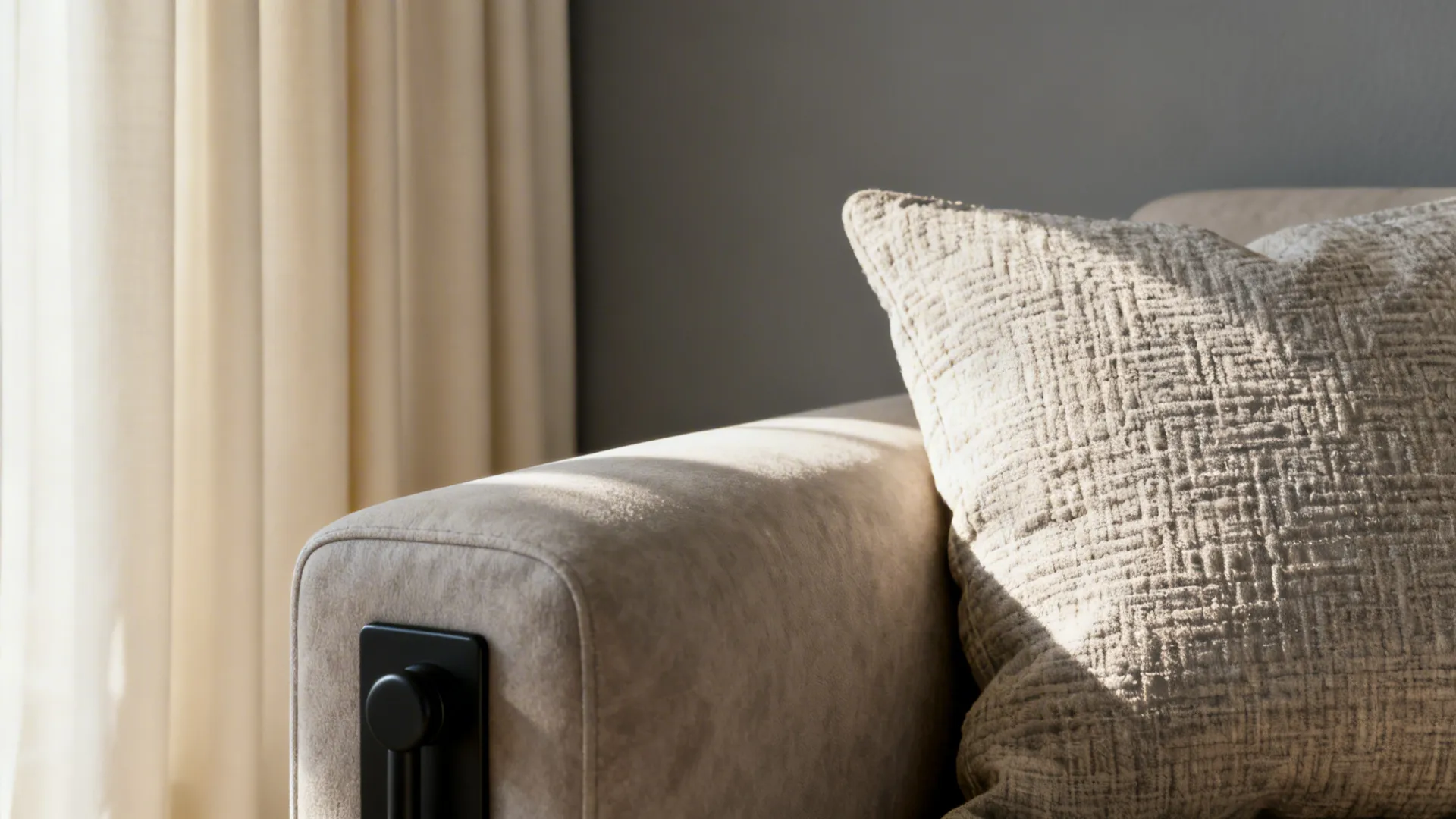 Vignette showing grey swatch, cream curtains and black hardware demonstrating common FAQ solutions for grey rooms.