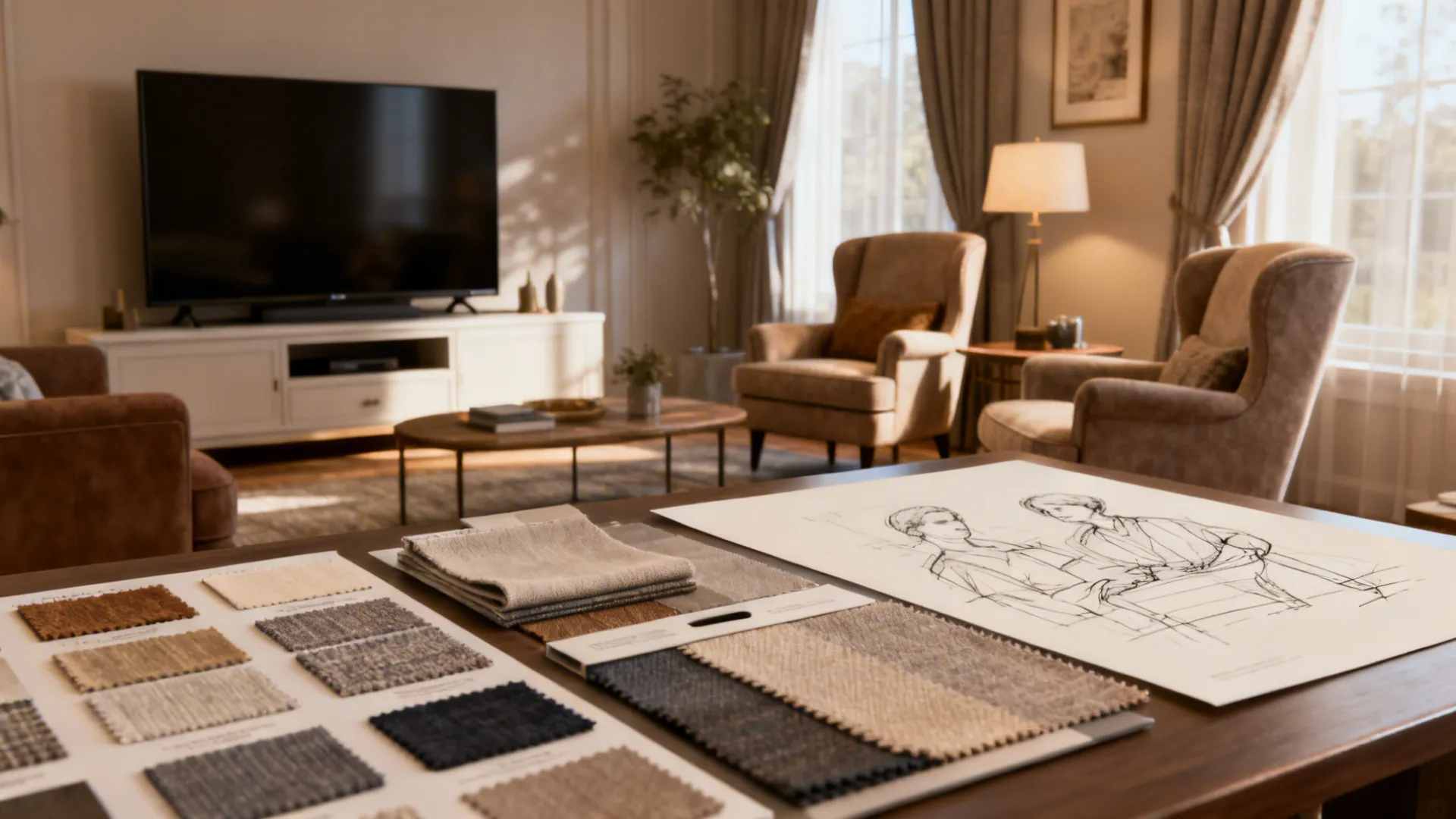 Interior vignette showing TV in living area and a formal conversation corner with fabric samples on a table.