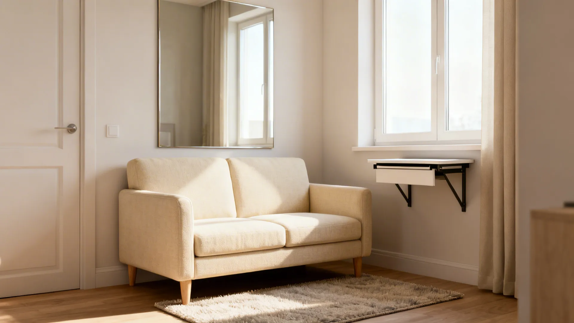 Small living room vignette showing ideal sofa size, mirror opposite window, rug placement and wall-mounted desk.