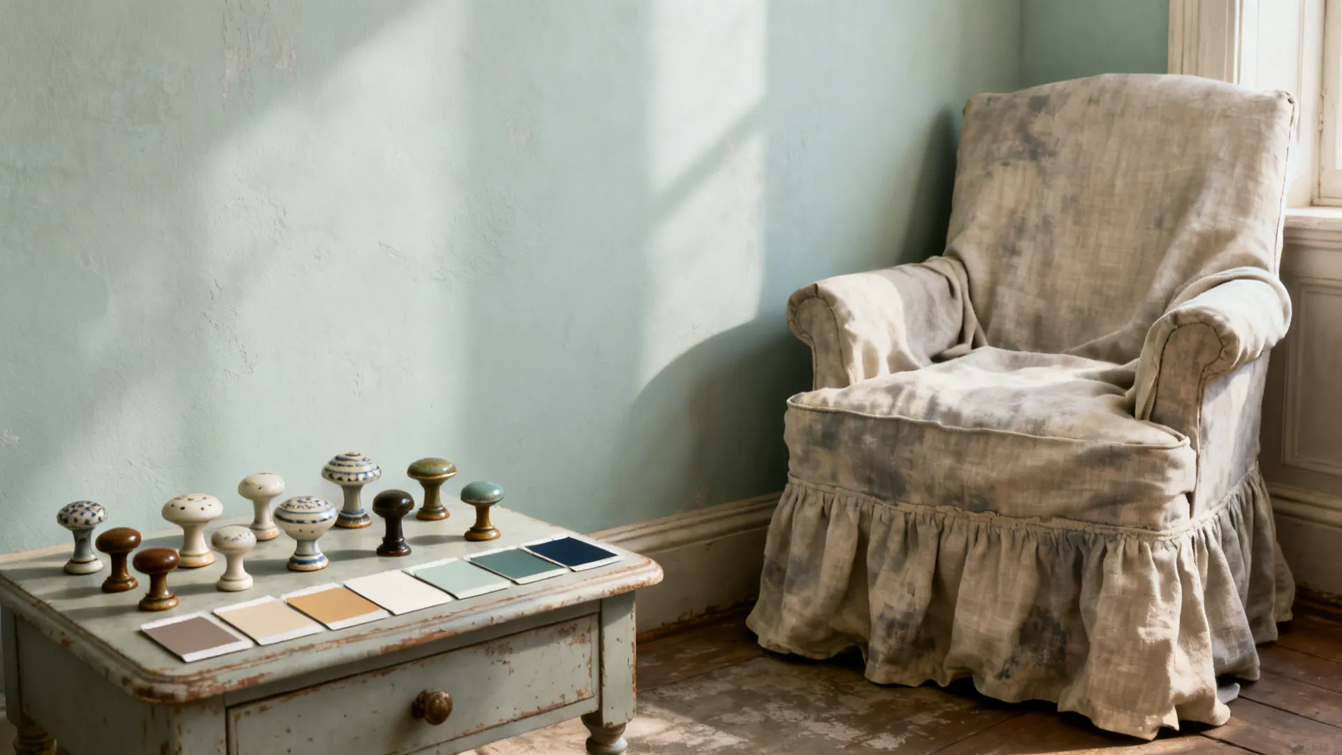 Shabby chic reading corner with linen slipcover, side table and vintage samples