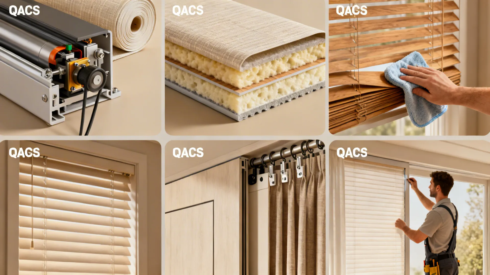 Collage showing window blind parts, foam layers, cleaning wood slats, curtain track, and expert installation
