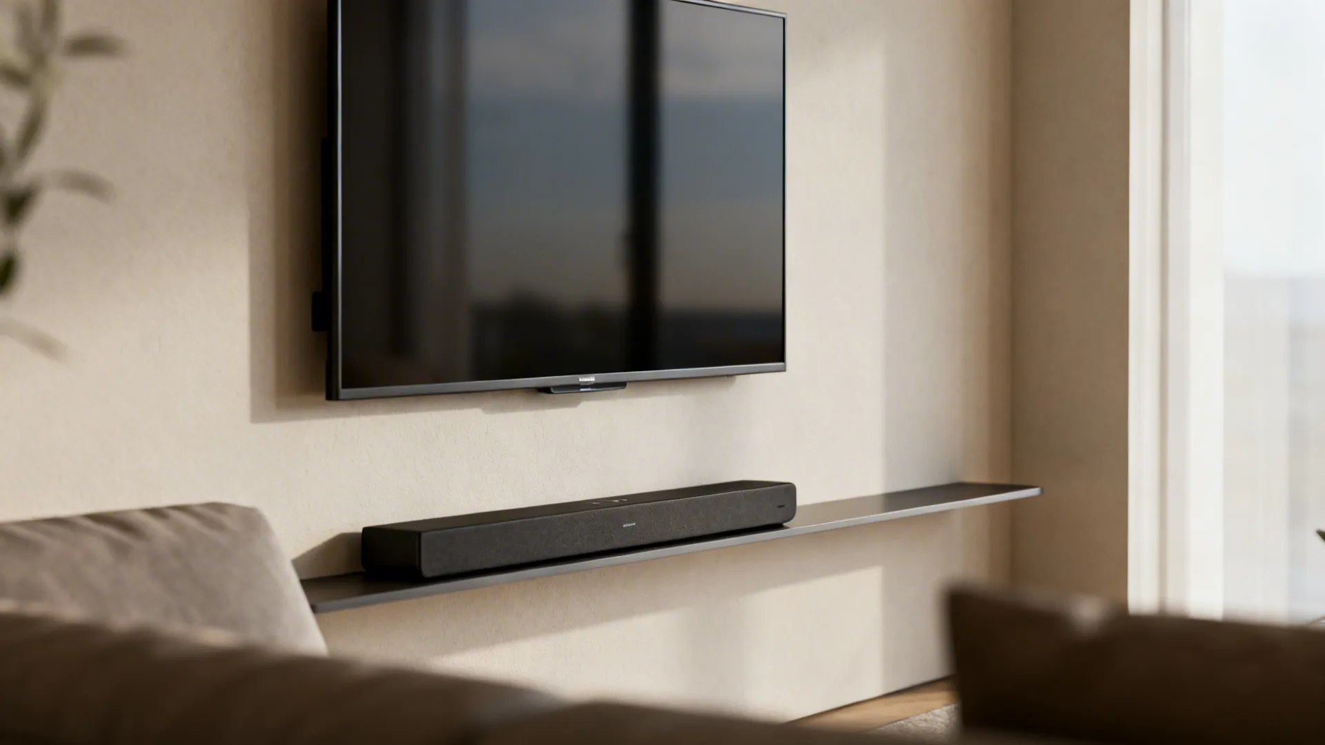 Minimalist living room wall showing mounted television above a black soundbar on a thin shelf