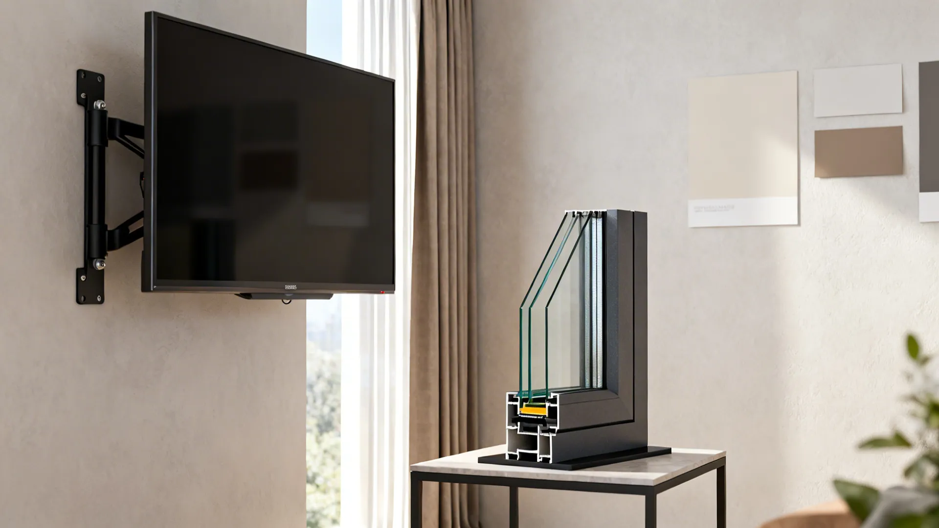 Vignette showing TV on adjustable bracket, curtains, and a double-glazing sample beside window treatments.