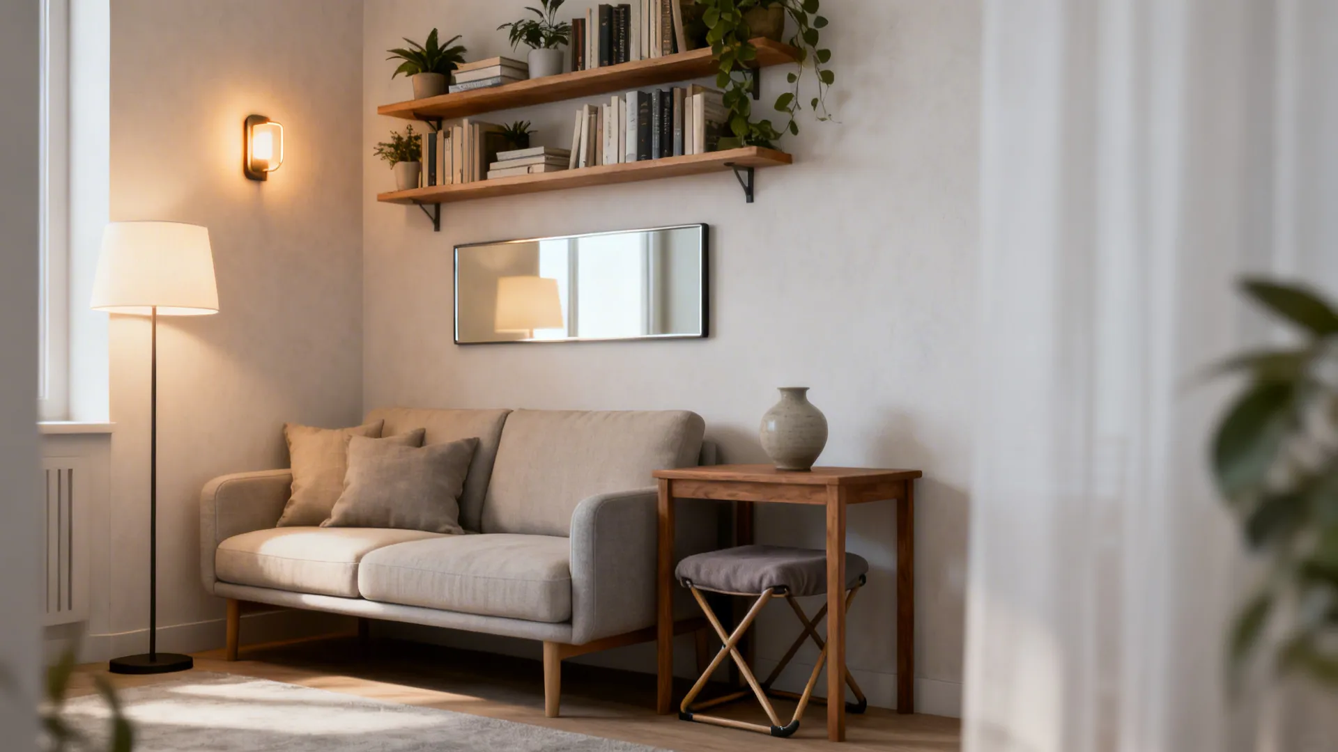 Small living room vignette showing compact sofa, wall shelves, mirror, and layered lighting answering common design FAQs
