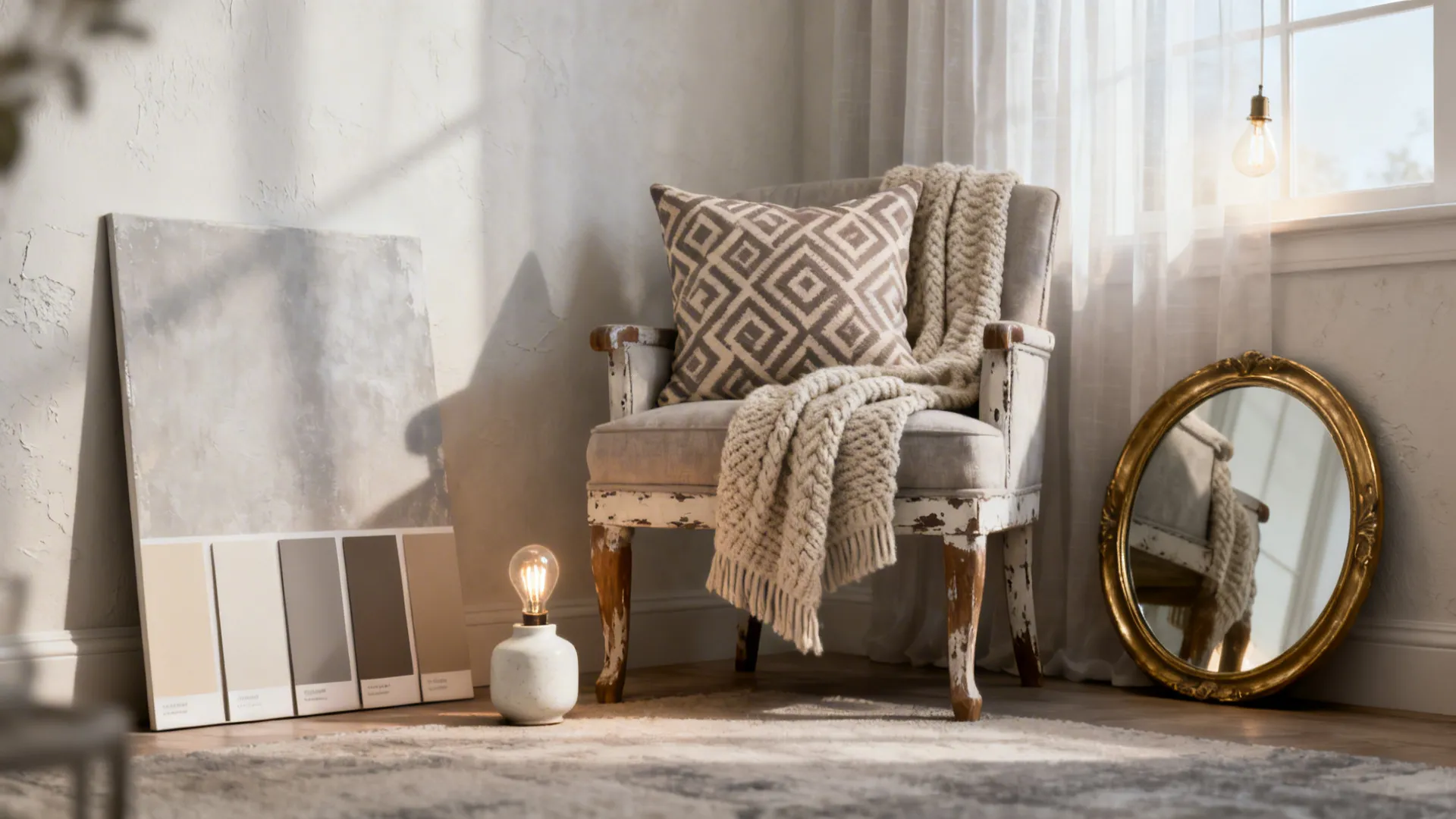 Vignette showing paint swatches, textiles, and upcycled chair as budget update examples